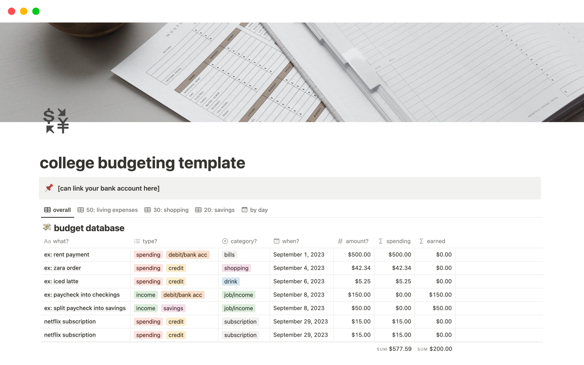 A template preview for college budgeting template
