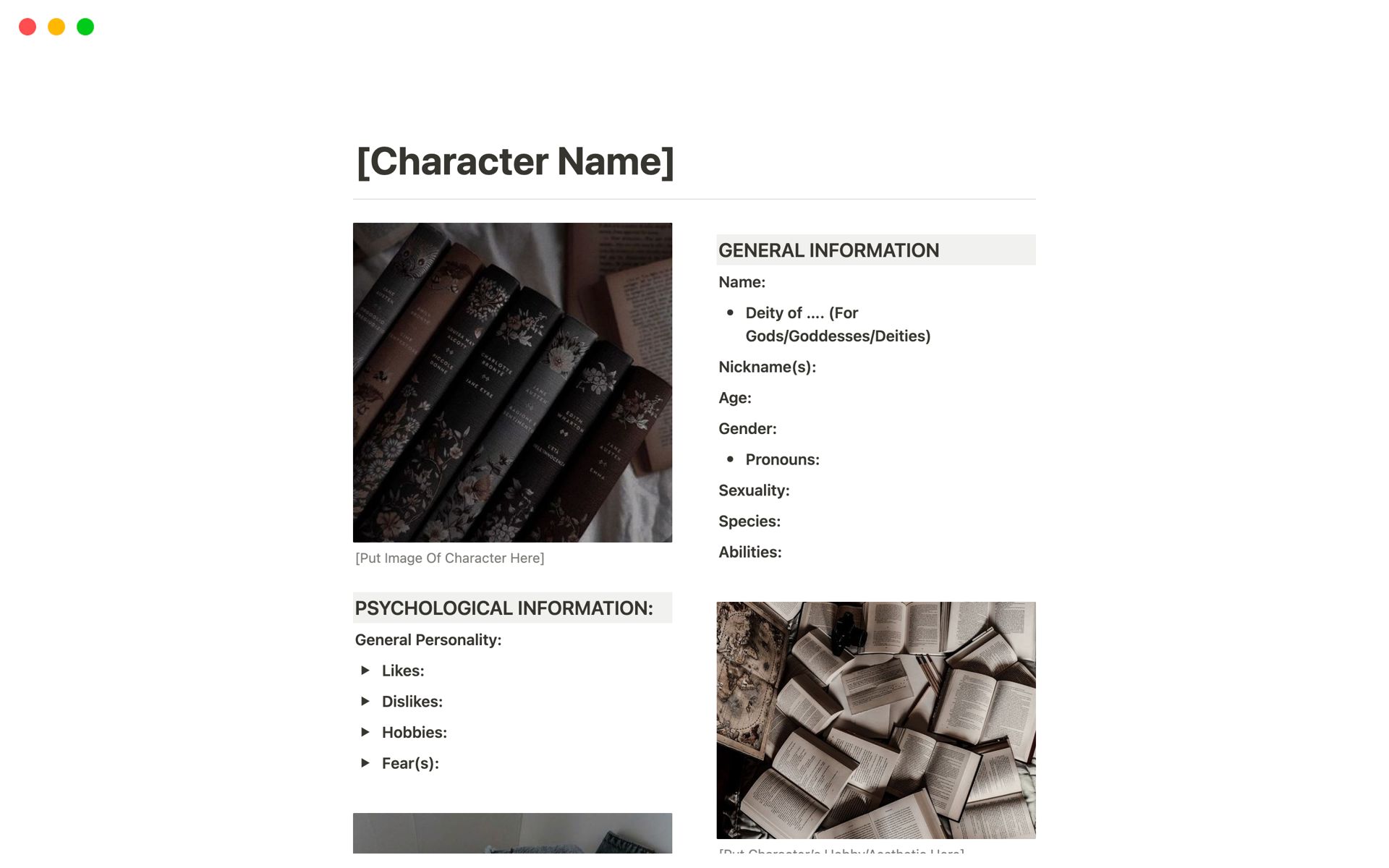 A template preview for Character Sheet Template