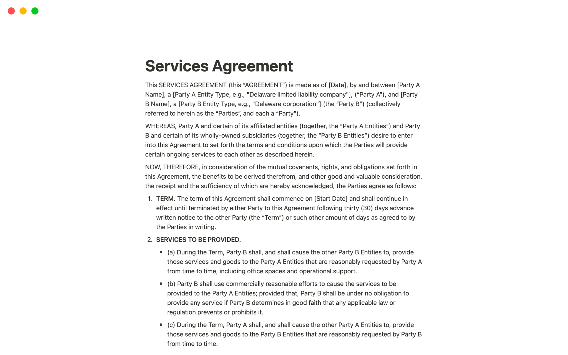 A template preview for Services Agreement