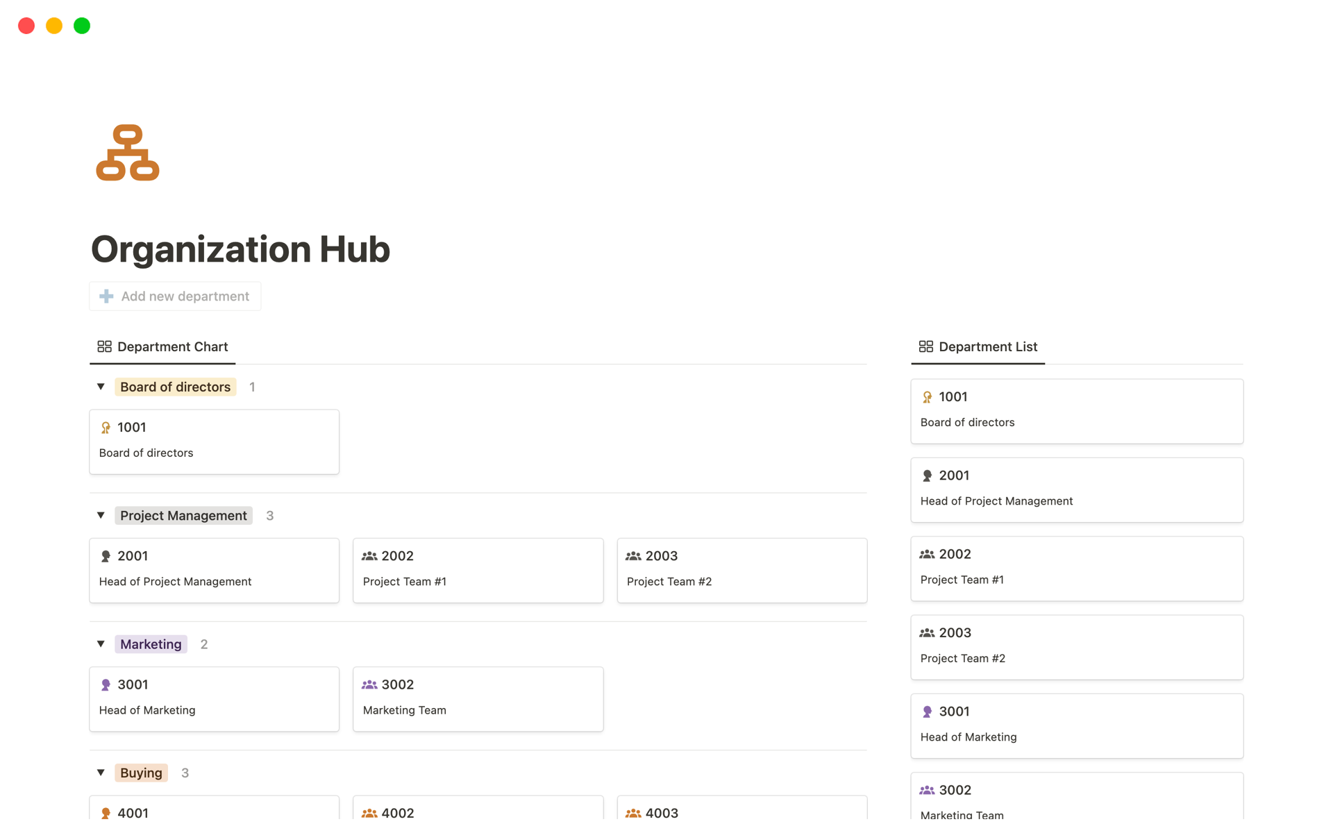 A template preview for Organization Hub
