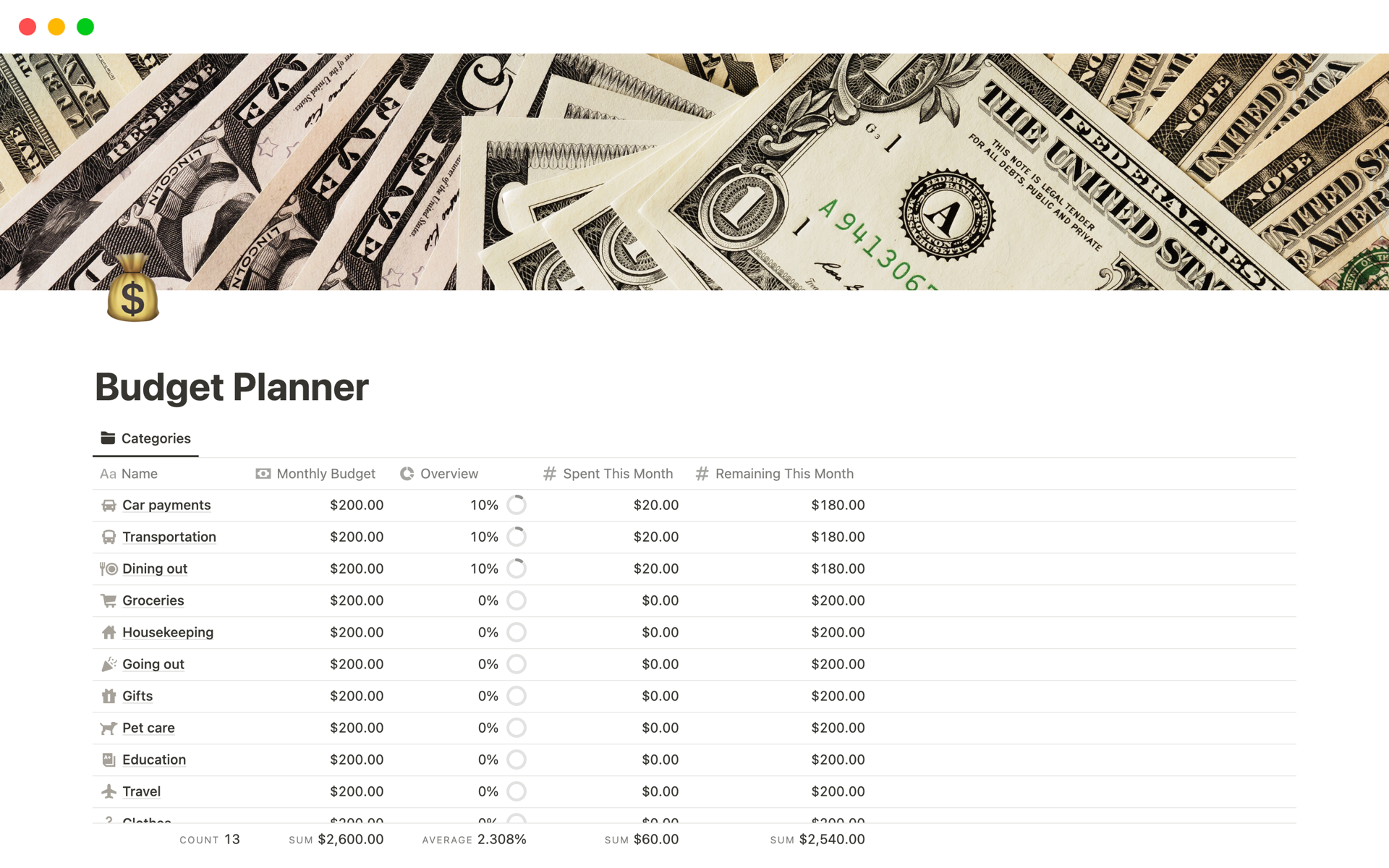 A template preview for Money Budget Tracker, Finance Budgeting Planner