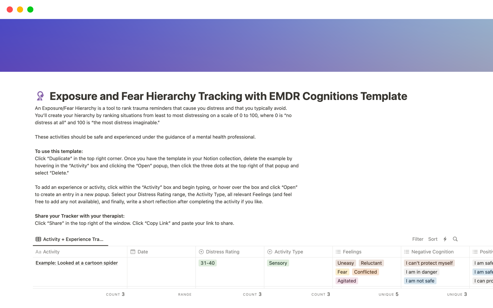 Exposure Hierarchy Tracker with EMDR Cognitions Notion Template
