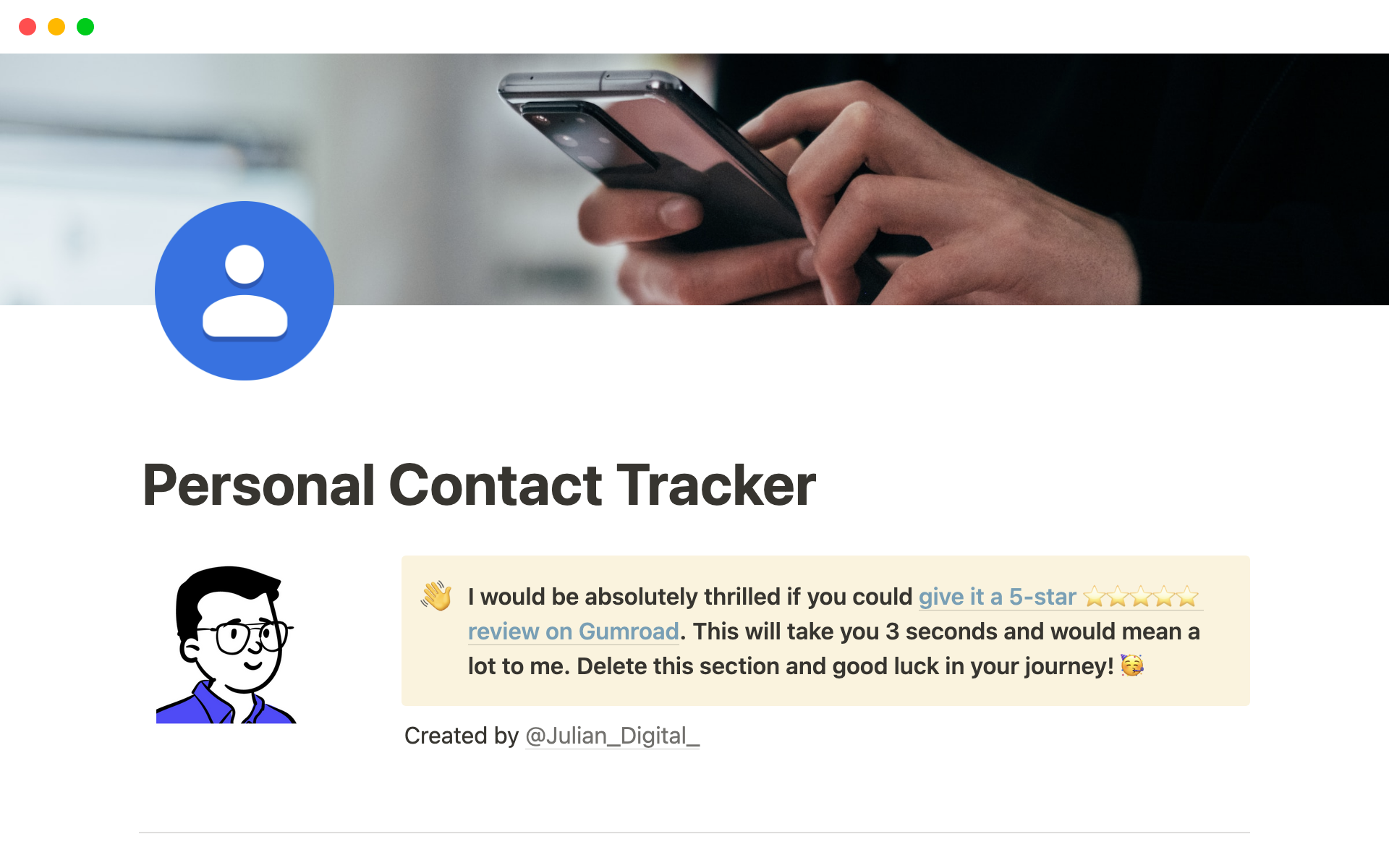 A template preview for Personal Contact Tracker: Streamline Your Life, Boost Your Productivity