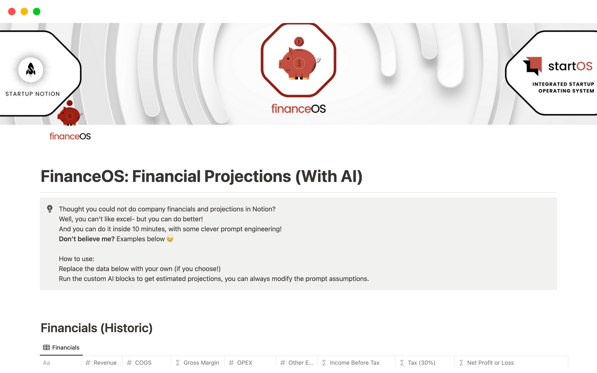 A template preview for FinanceOS: Financial Projections (With AI)