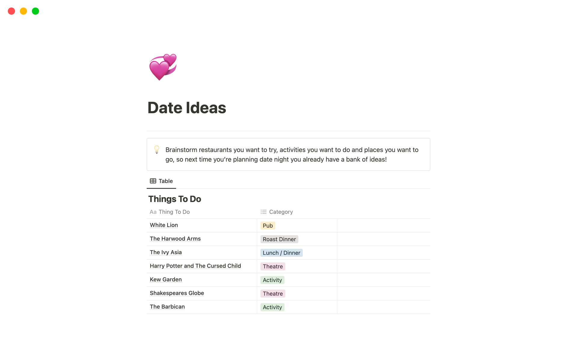 A template preview for Couple's Date Ideas Planner