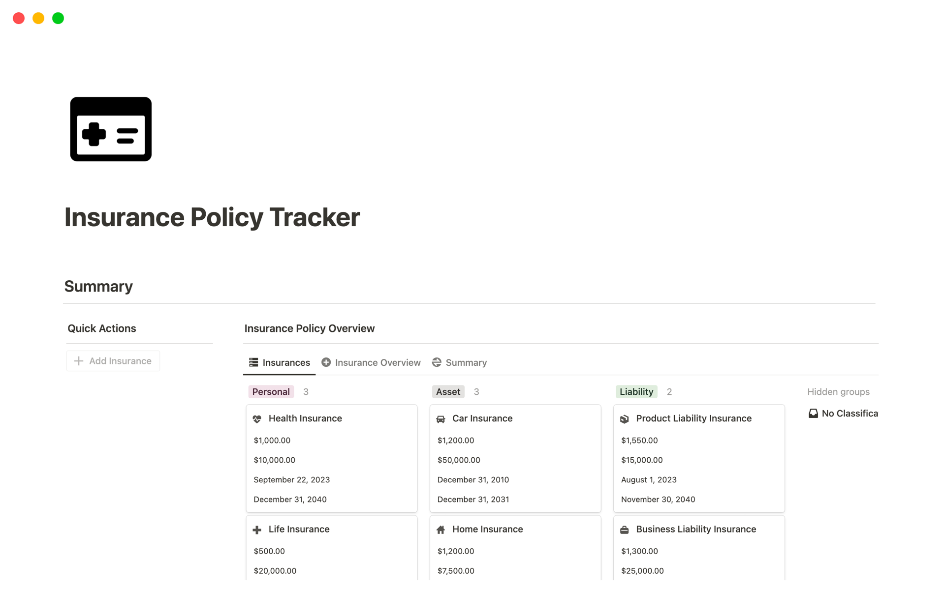 A template preview for Insurance Policy Tracker