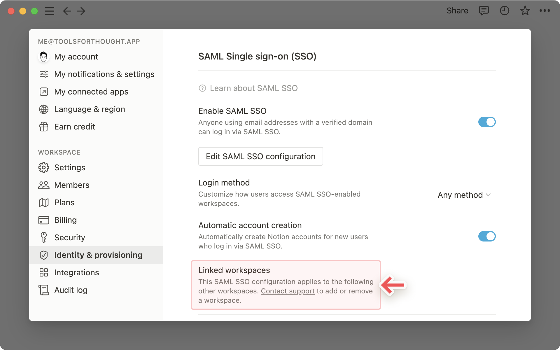 saml sso-link do espaço de trabalho