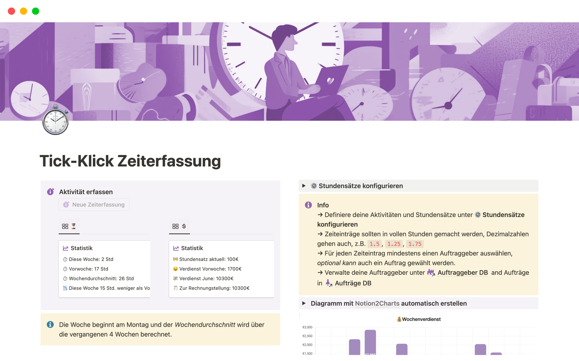 A template preview for Tick-Klick Zeiterfassung