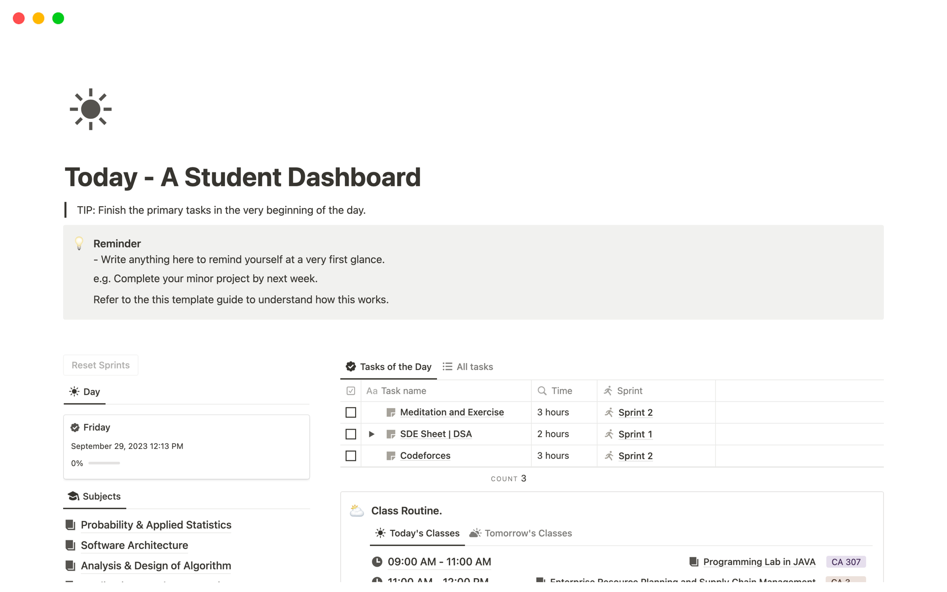 A template preview for Today - A Student Dashboard