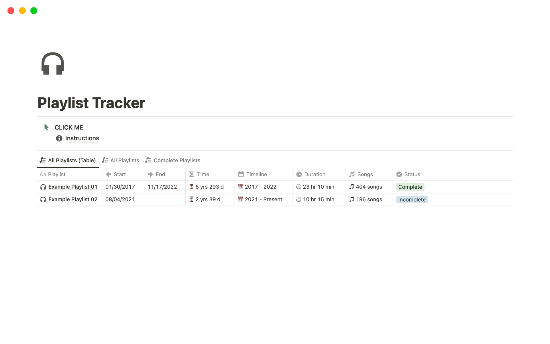 A template preview for Playlist Tracker
