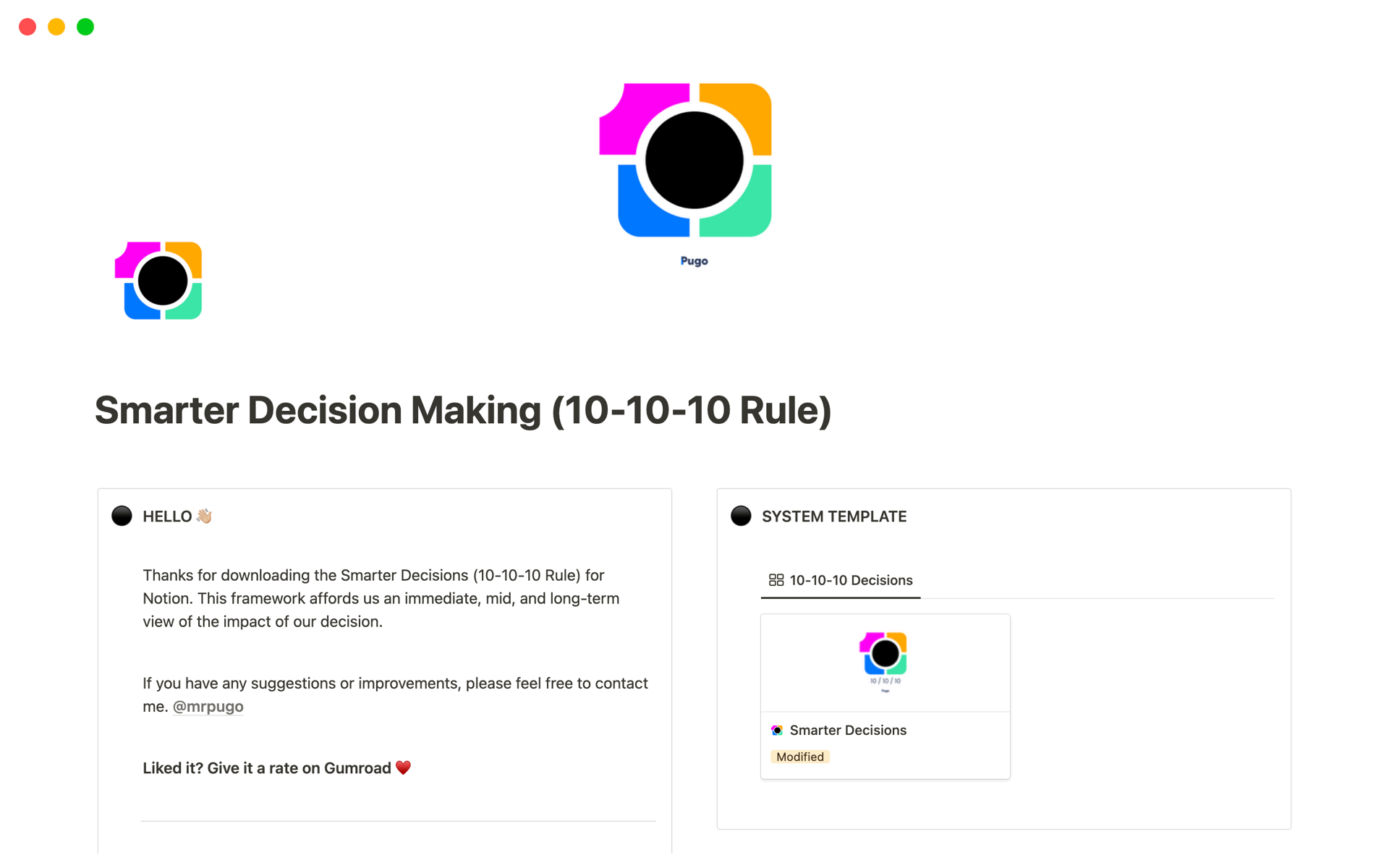 A template preview for Smarter Decision Making (10-10-10 Rule)