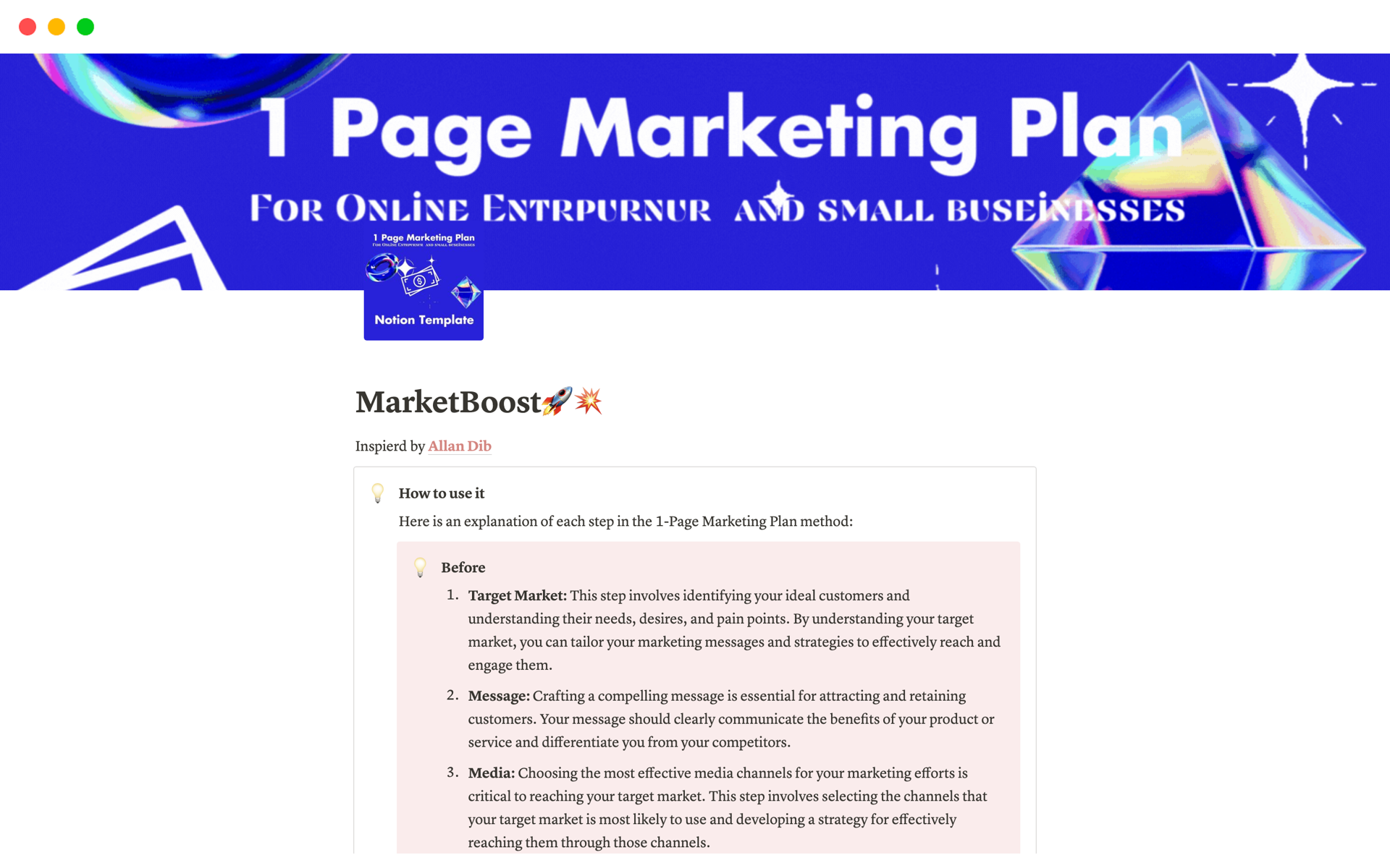 MarketBoost🚀💥: The Ultimate 1-Page Marketing Plan Notion Template for Small Online Businesses