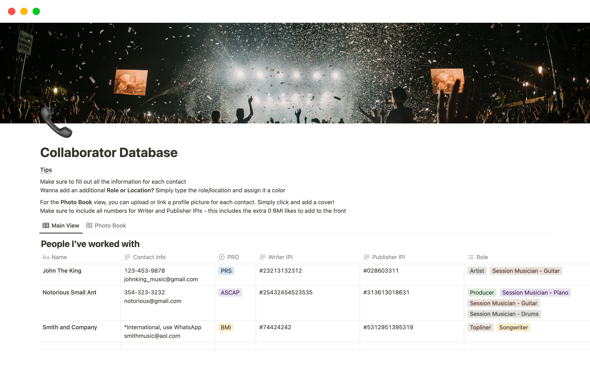 A template preview for Collaborator Database