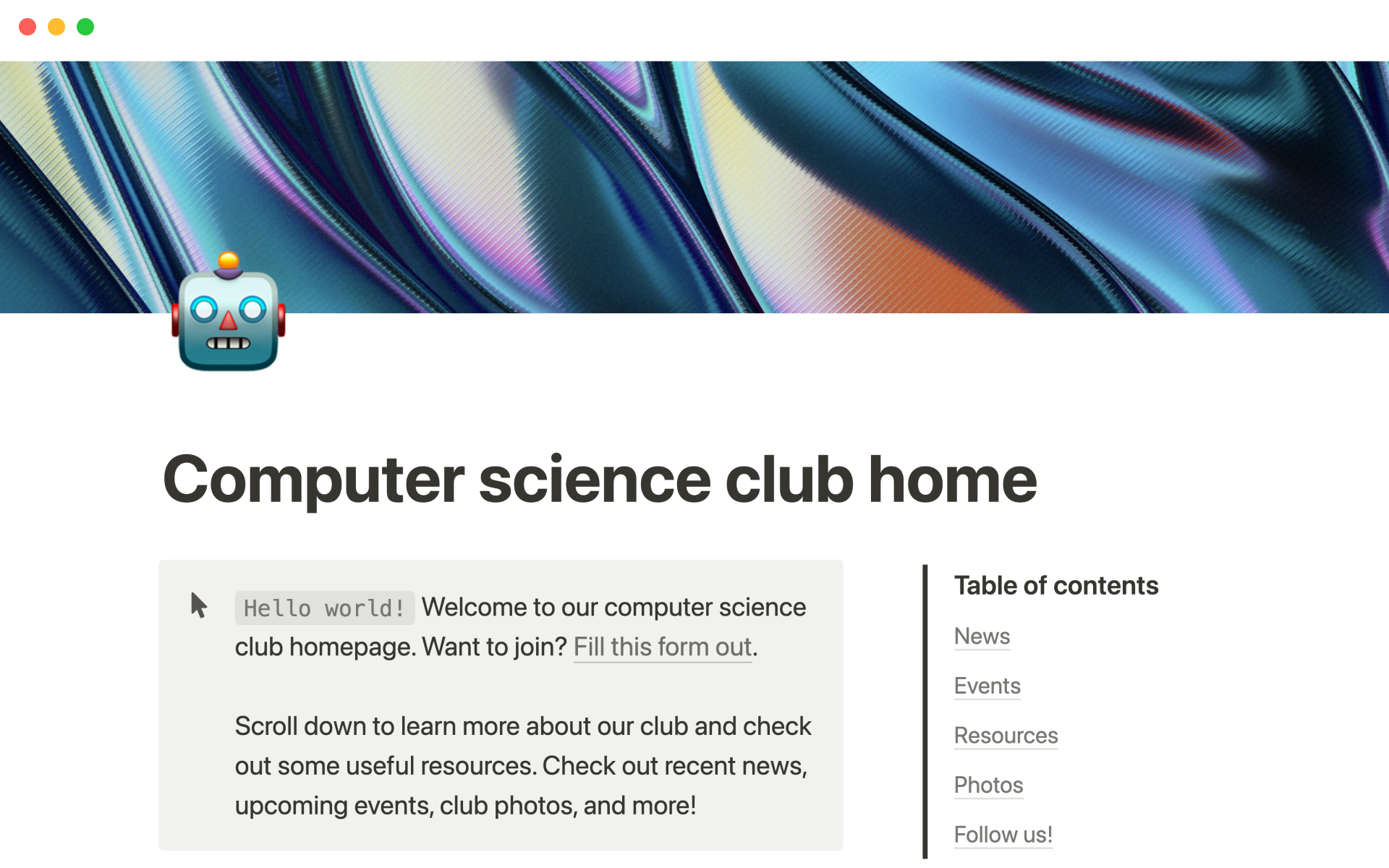 A template preview for Computer science club home