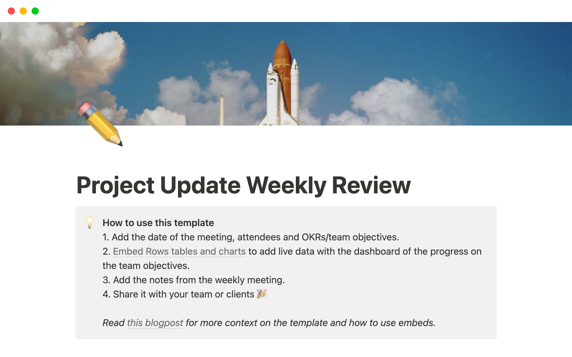 A template preview for Project Update Weekly Review