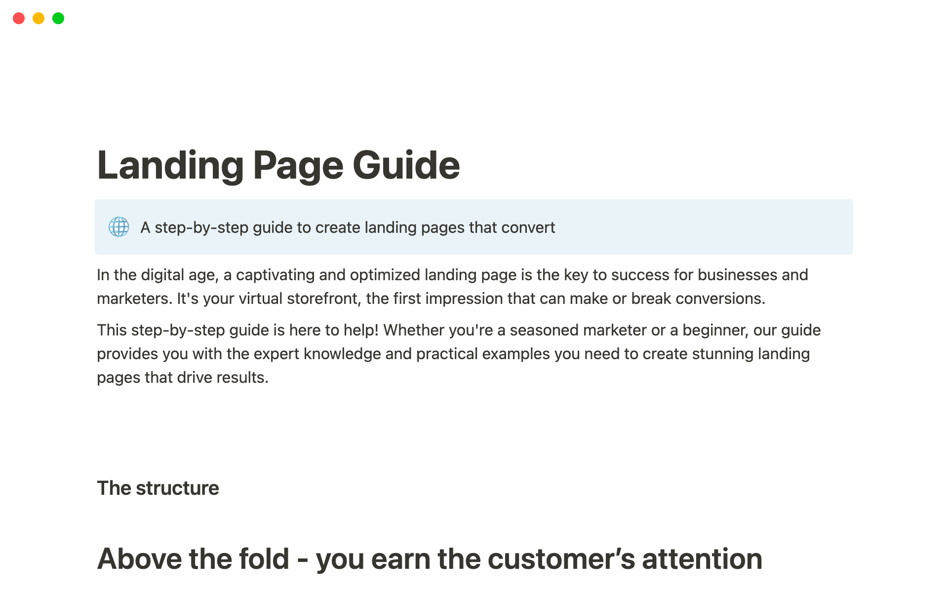 A template preview for Landing Page Guide