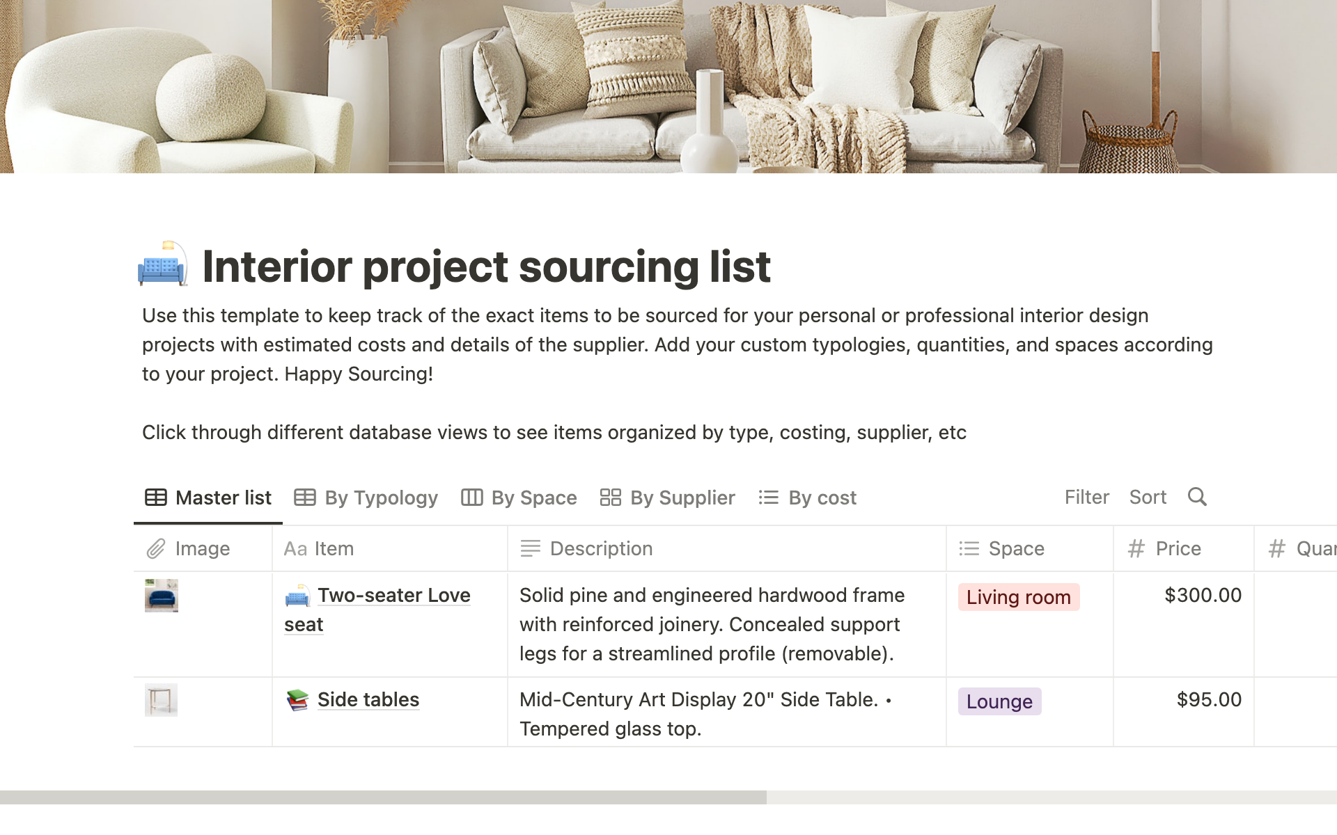 A template preview for Interior project sourcing list