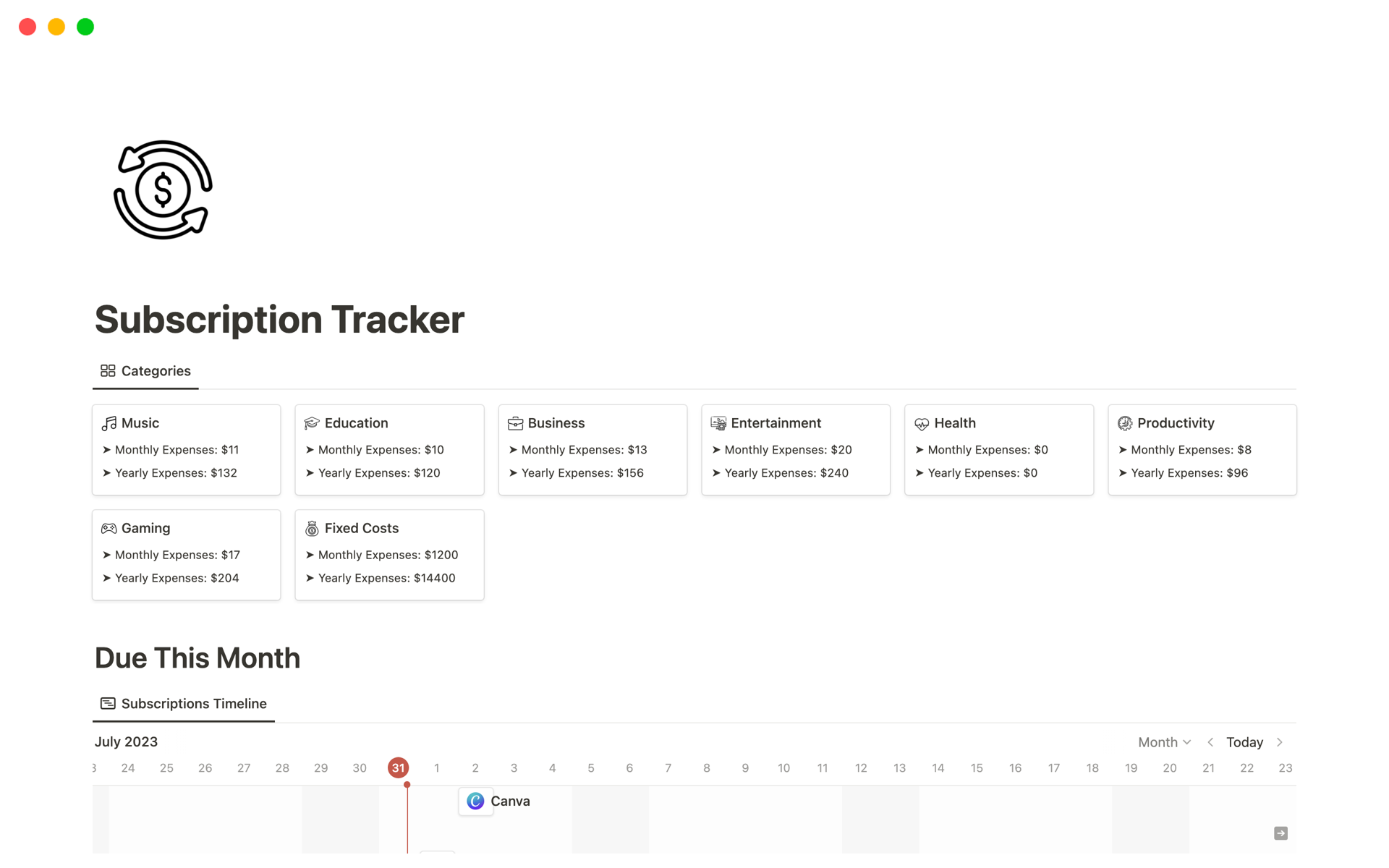 A template preview for Subscription Tracker Template