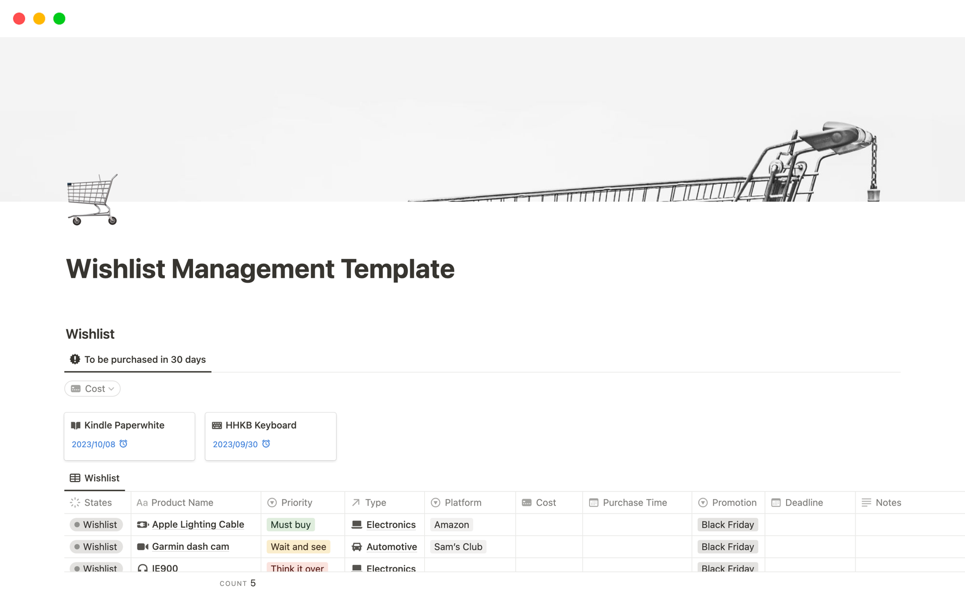 A template preview for Wishlist Management