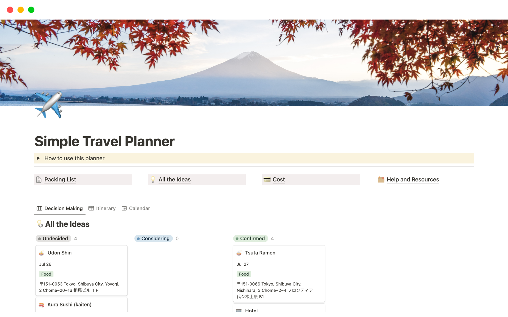 A template preview for Simple Travel Planner