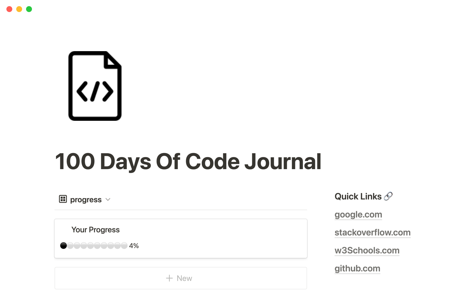 A template preview for 100 days of code journal