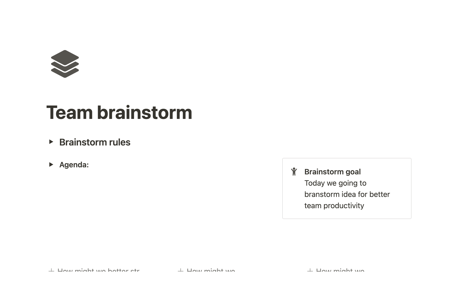 Efficiently manage your brainstorming sessions with all-in-one Notion template, featuring brainstorm rules, an agenda, a goal section, a brainstorm post-it, and a task tracker for next steps.