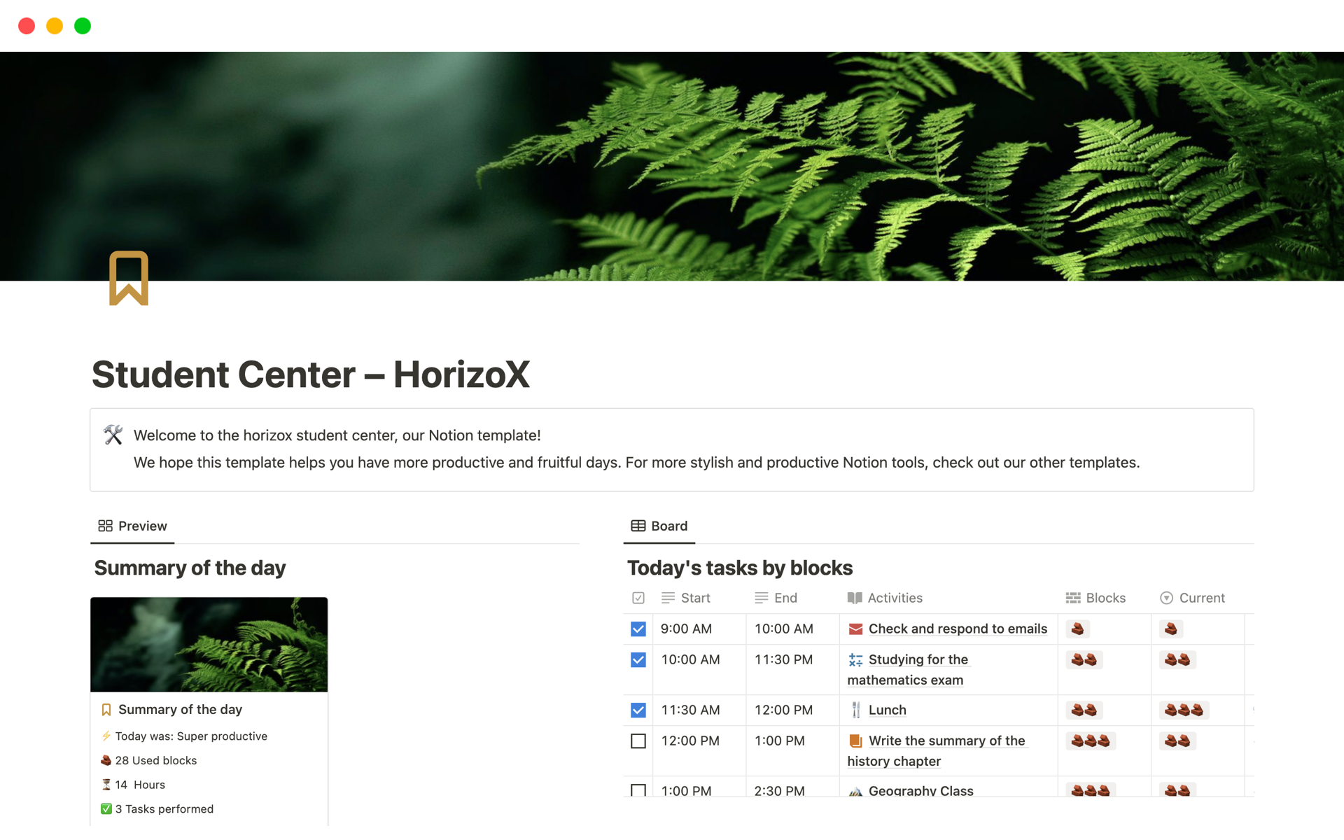 A template preview for Student Center – HorizoX 