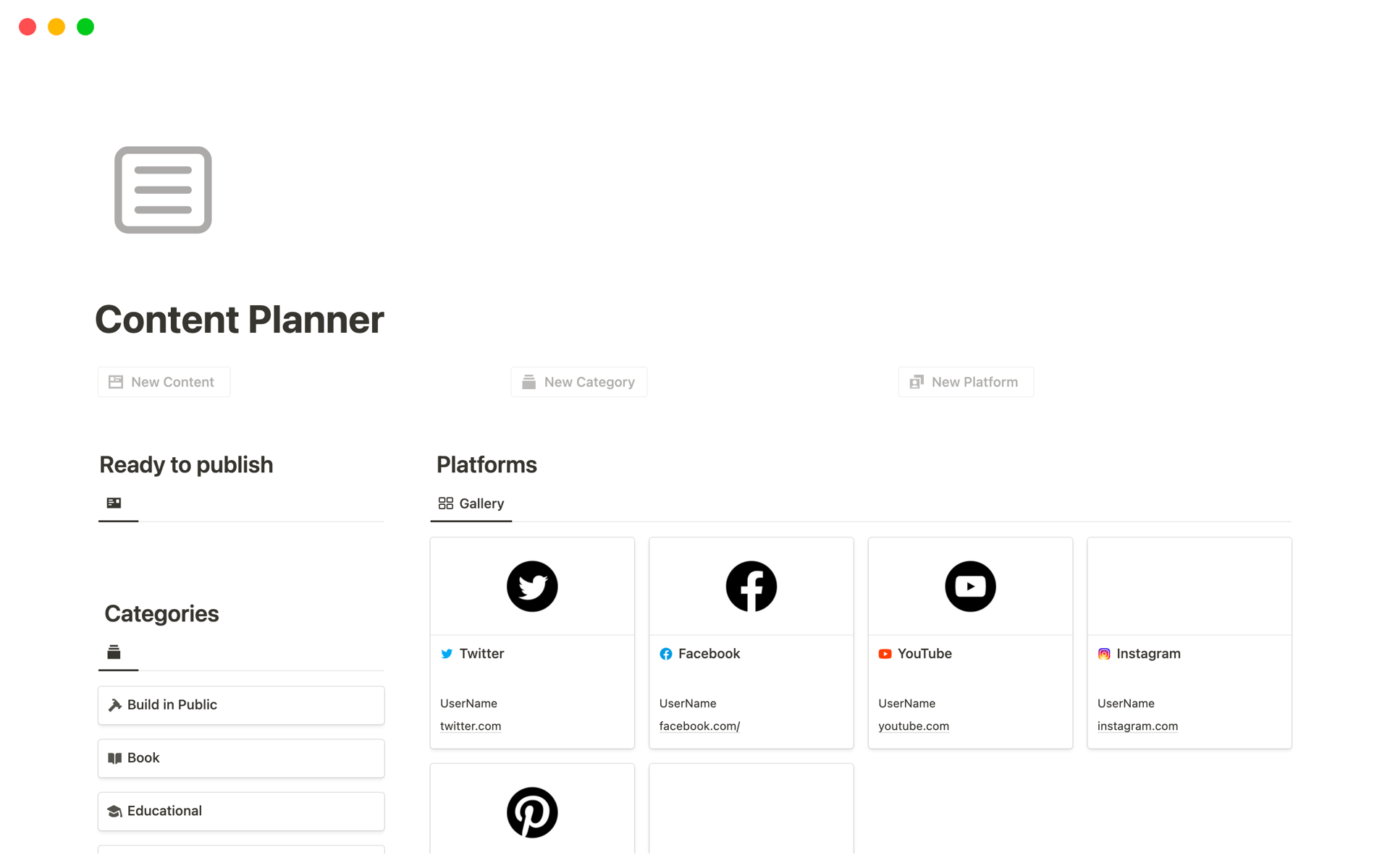 A template preview for Content Planner
