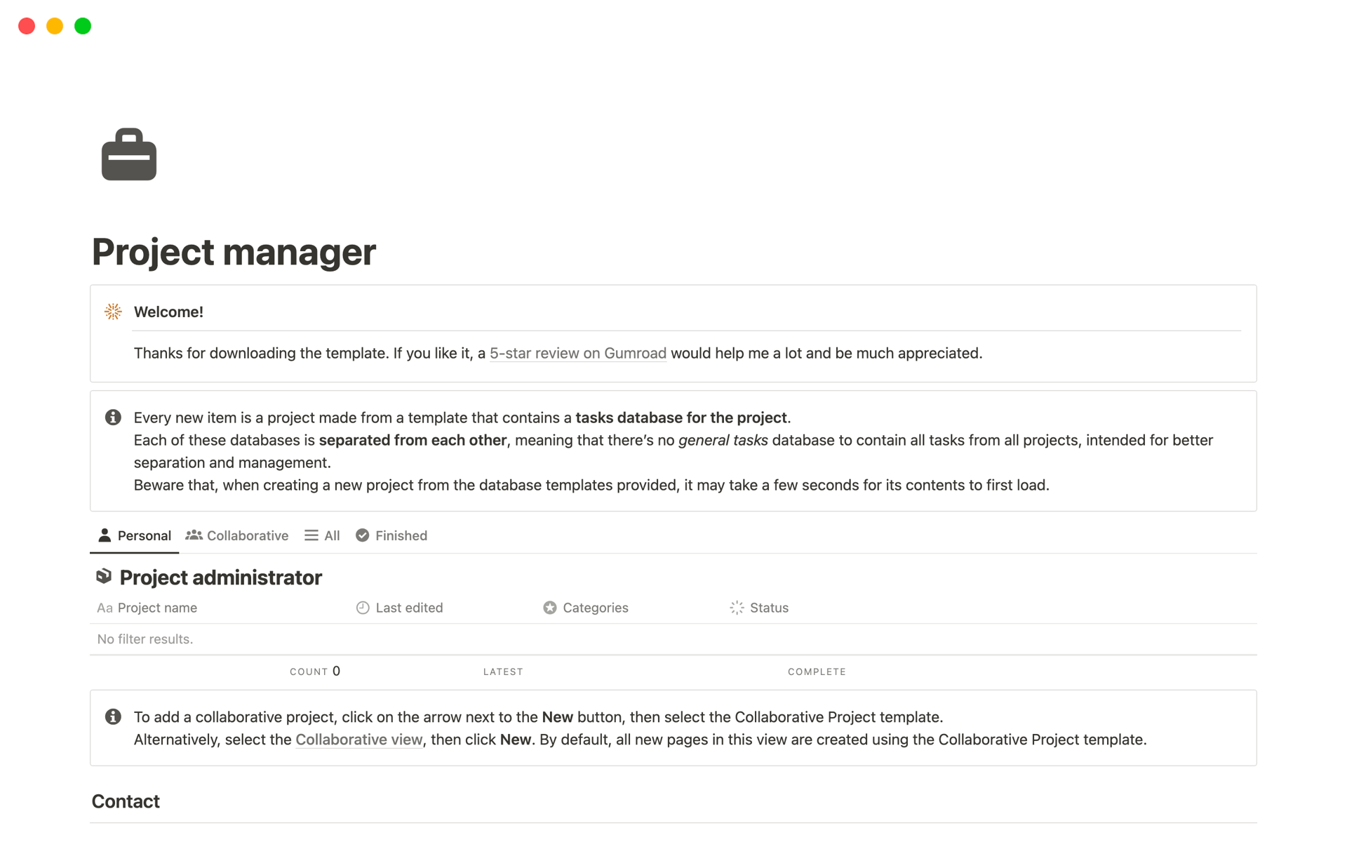 A template preview for Project manager