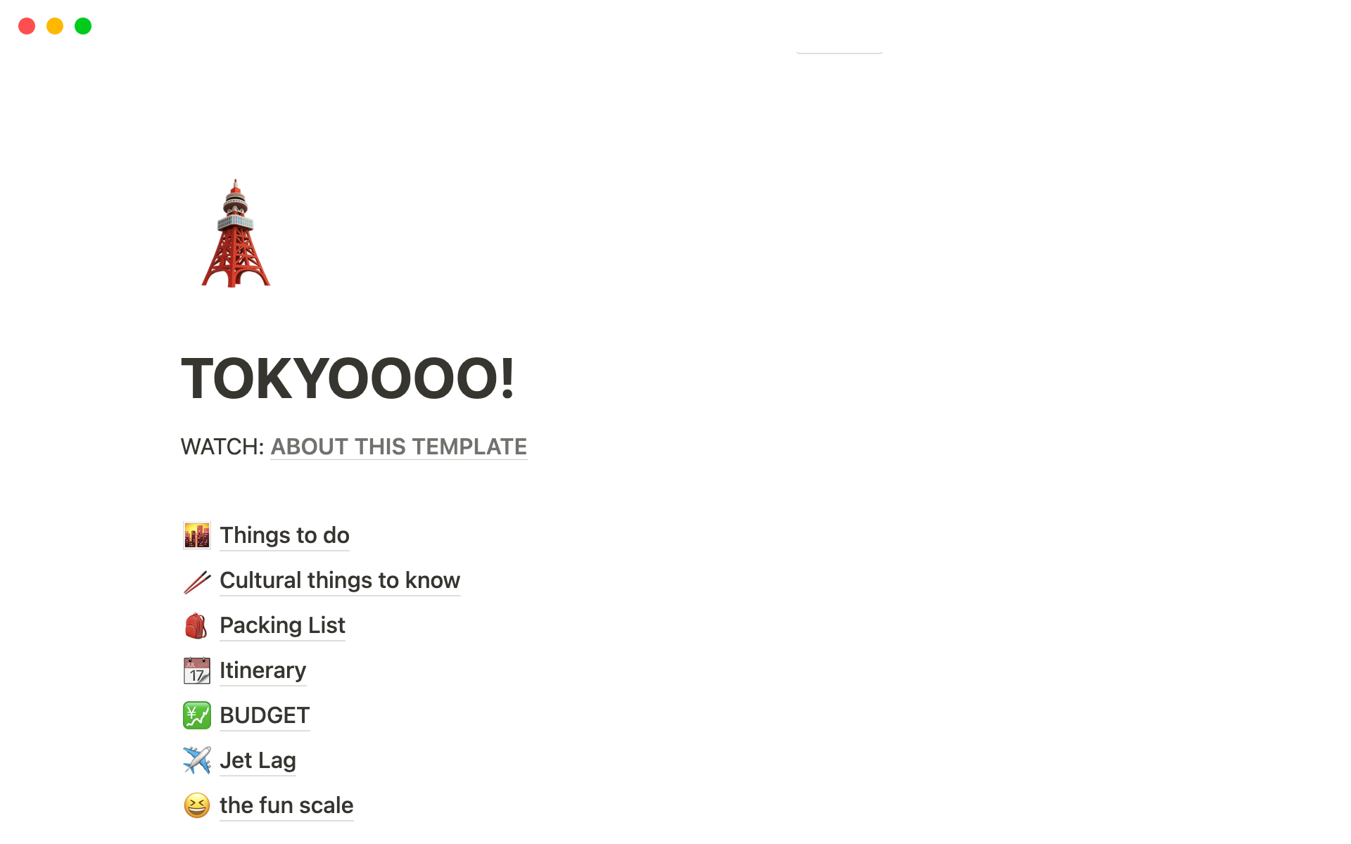 A template preview for Japan Trip Planning