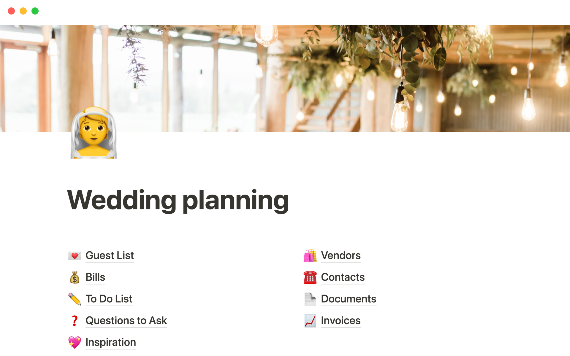 A template preview for Wedding planning