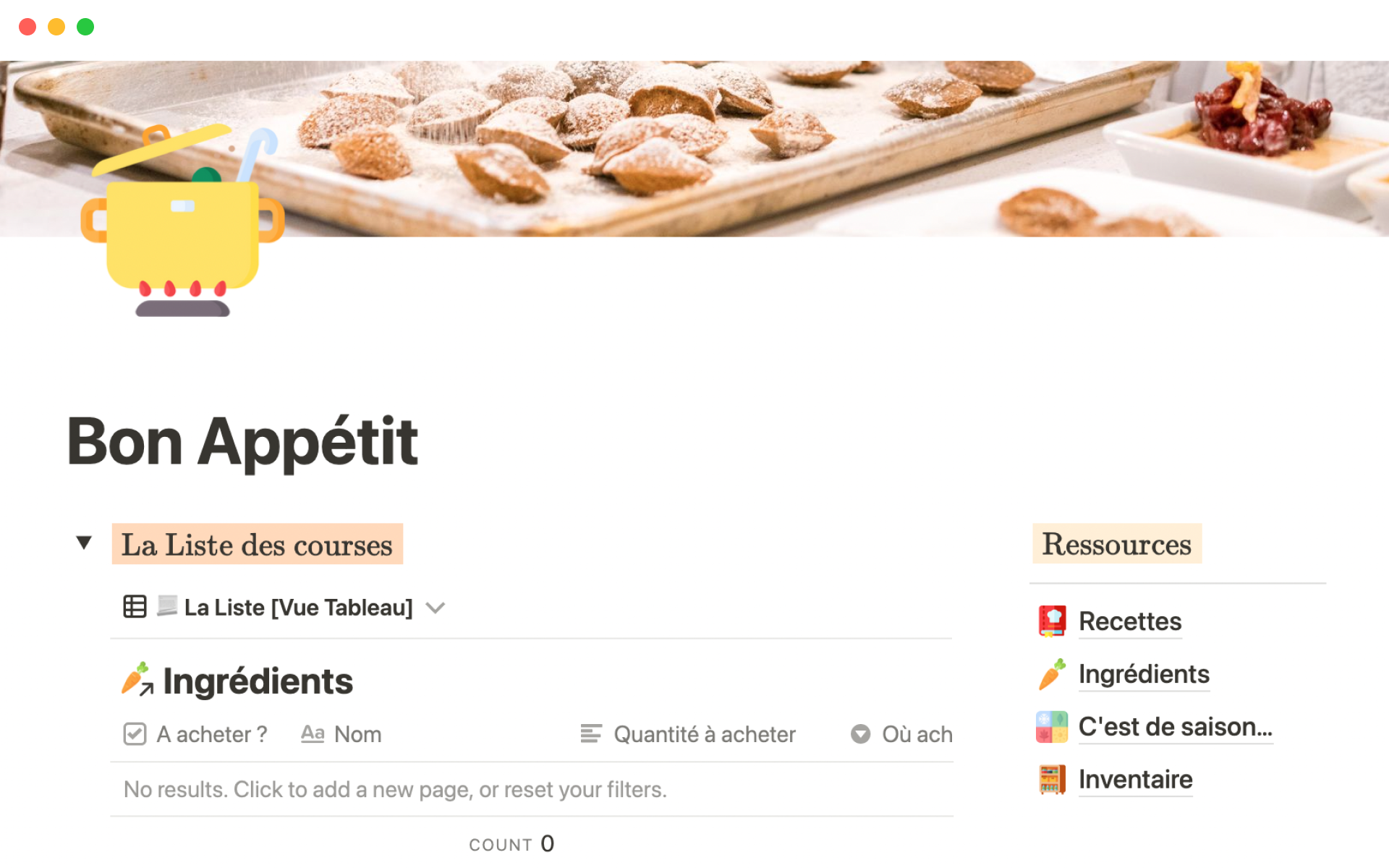 A template preview for Bon Appétit (Planification repas, course et recettes)