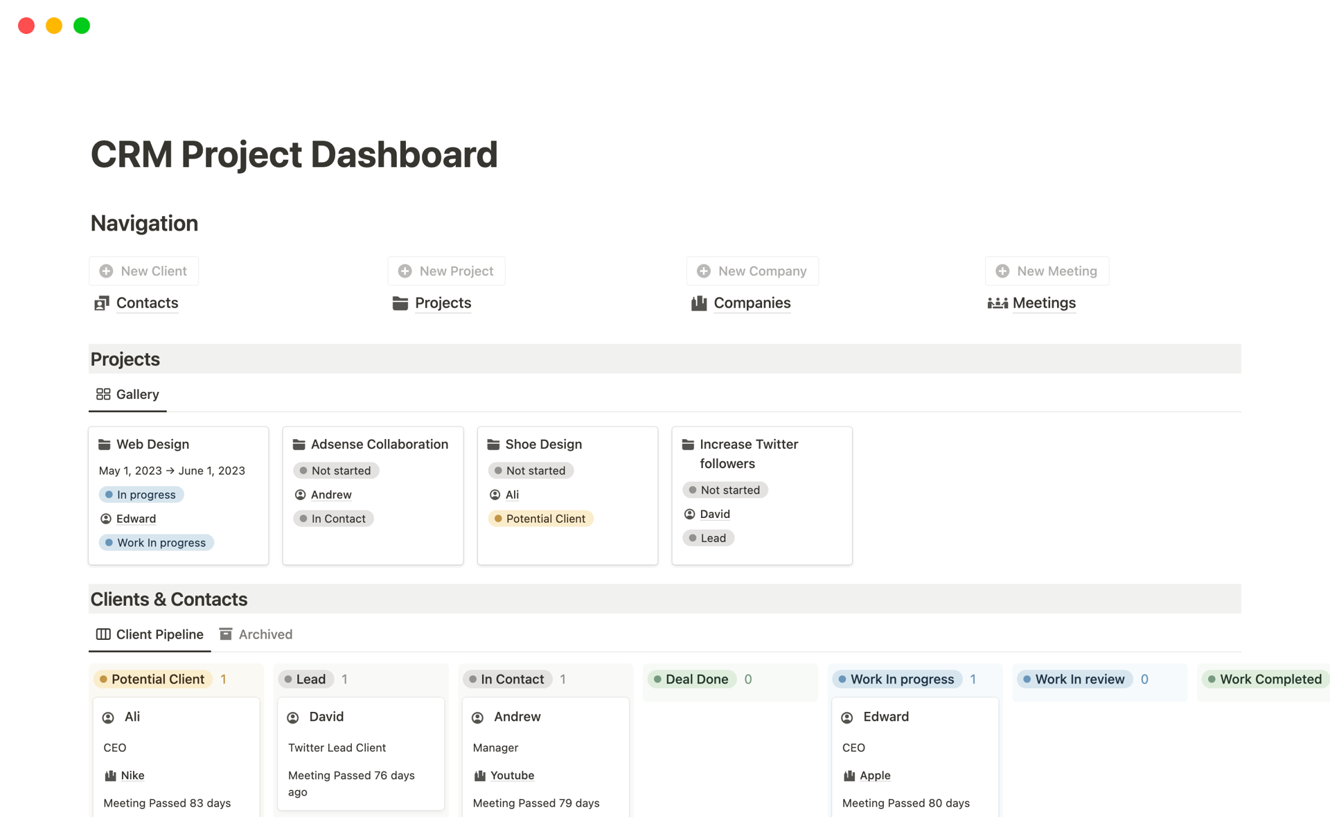 A template preview for CRM Project Dashboard