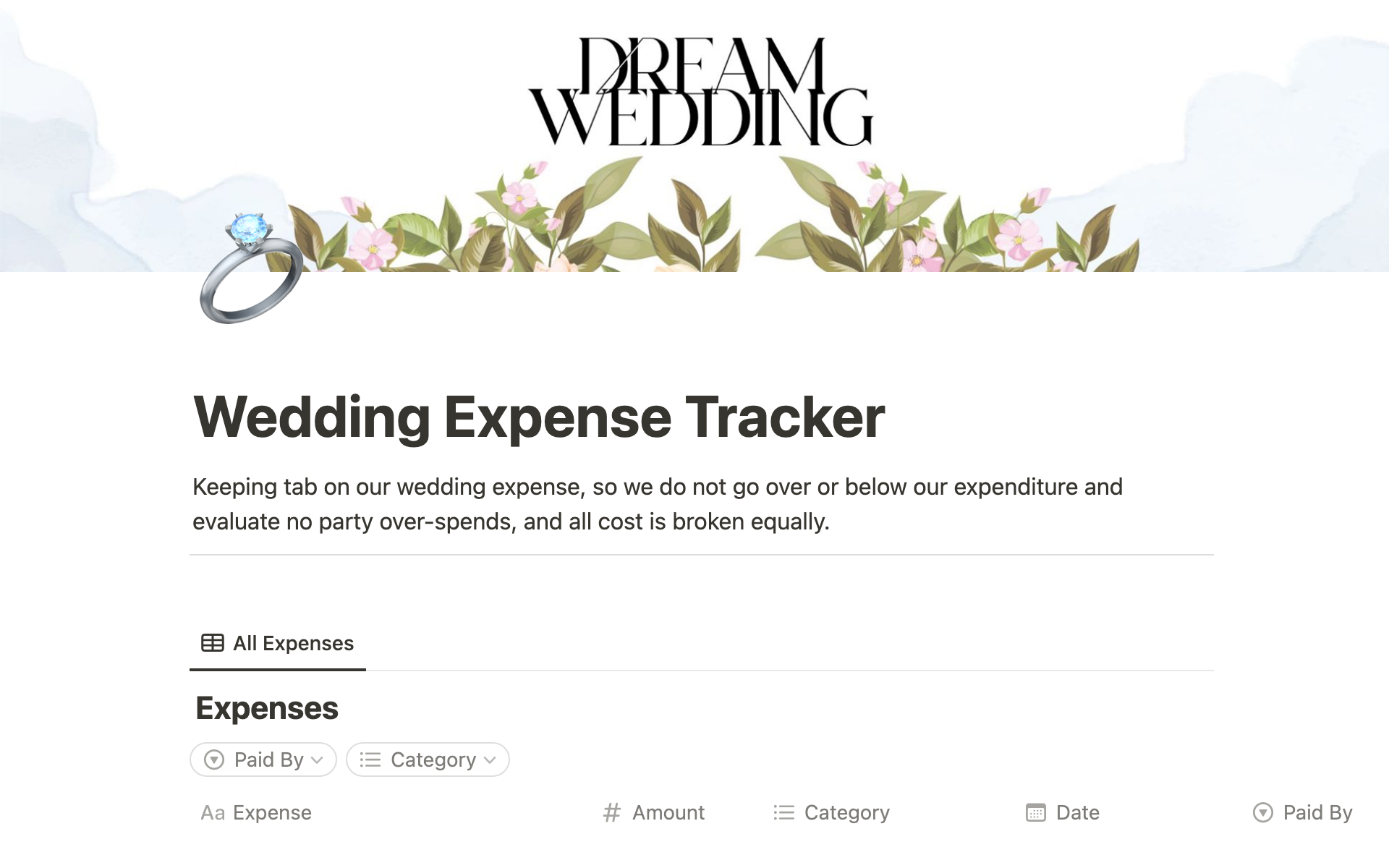 This Notion template is a comprehensive Wedding Expense Calculator that allows you to keep track of all your wedding expenses in one place.