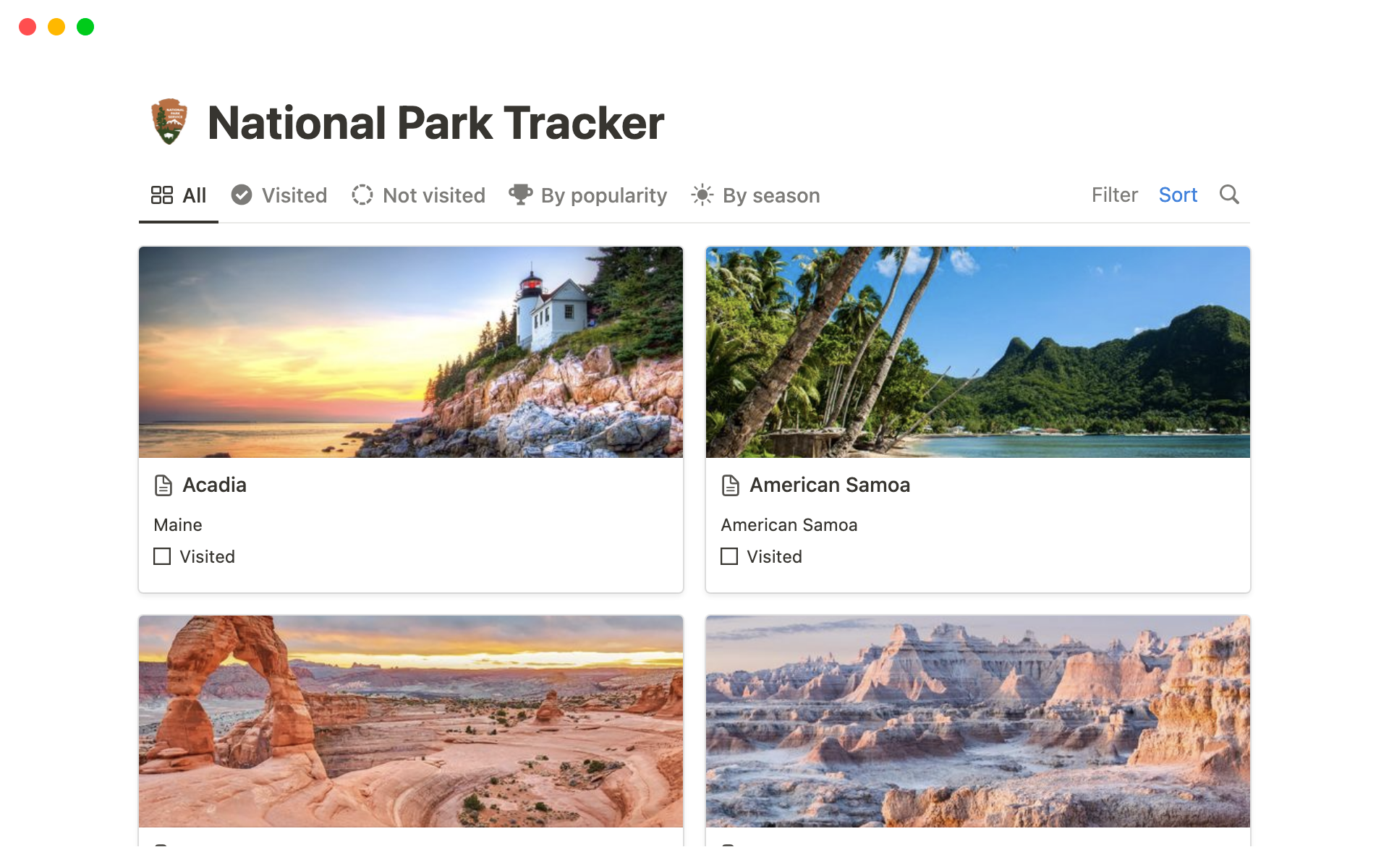 A template preview for National Park Tracker