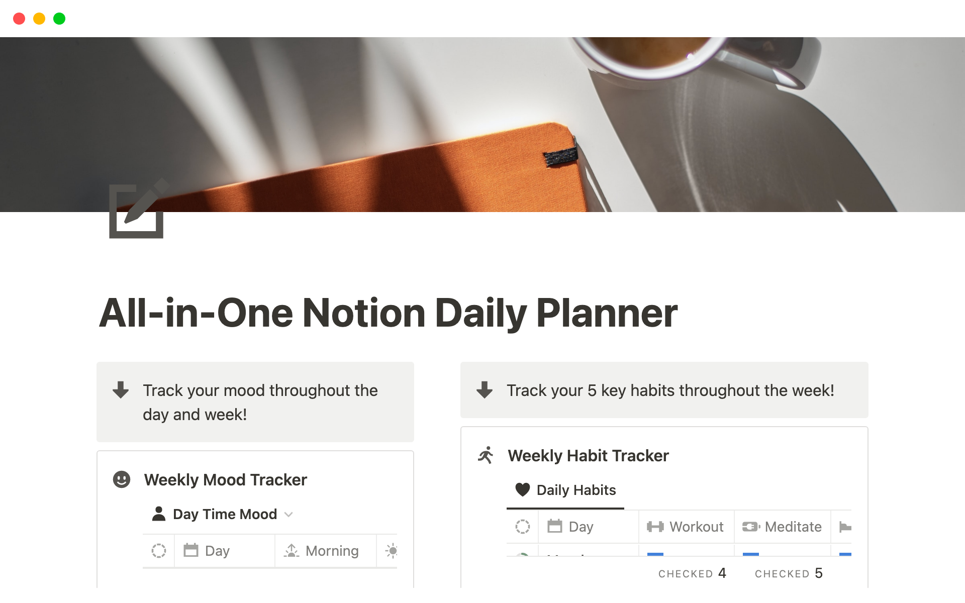 Reach peak personal growth with the All-in-One Notion Daily Planner, a comprehensive Notion planner that integrates tasks, goals, and habits for a holistic approach to your daily schedule.