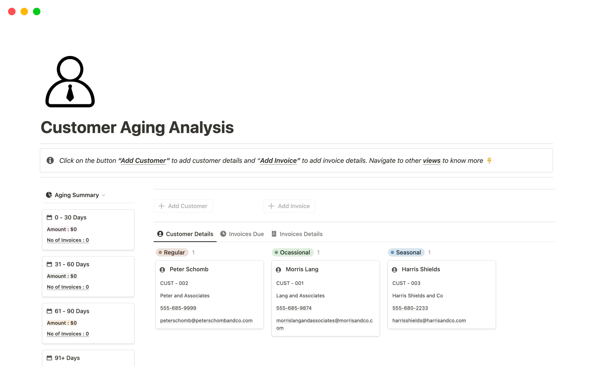 A template preview for Customer Aging Analysis