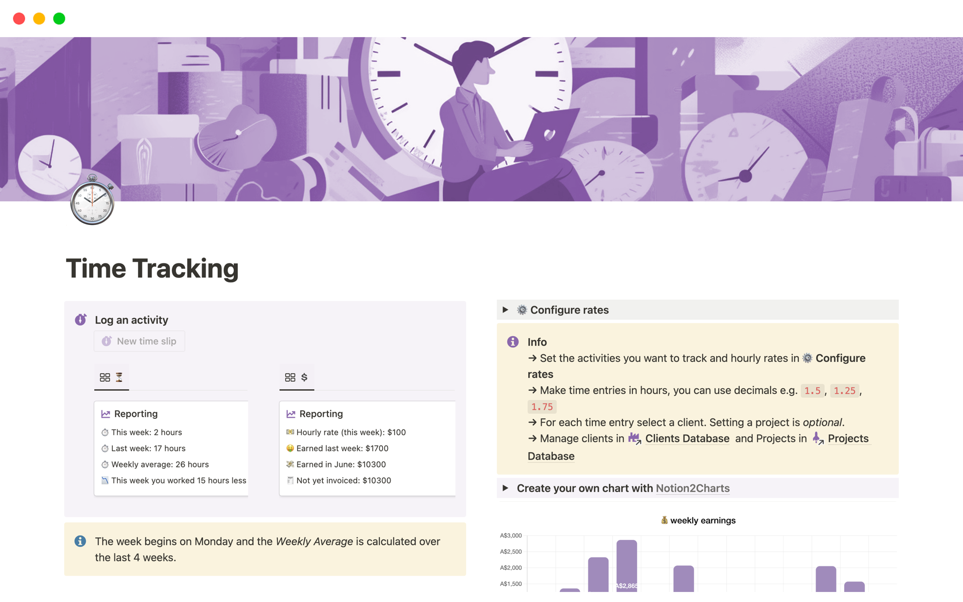Eine Vorlagenvorschau für Time Tracking for Freelancers
