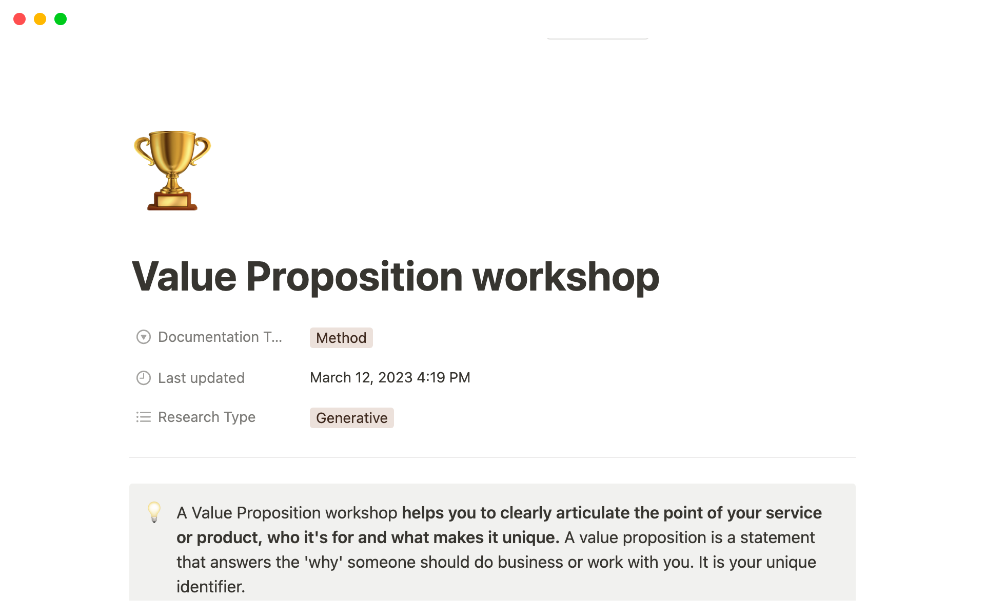 A template that can help UX Researchers set up and organise a value proposition workshop as a method for their research project