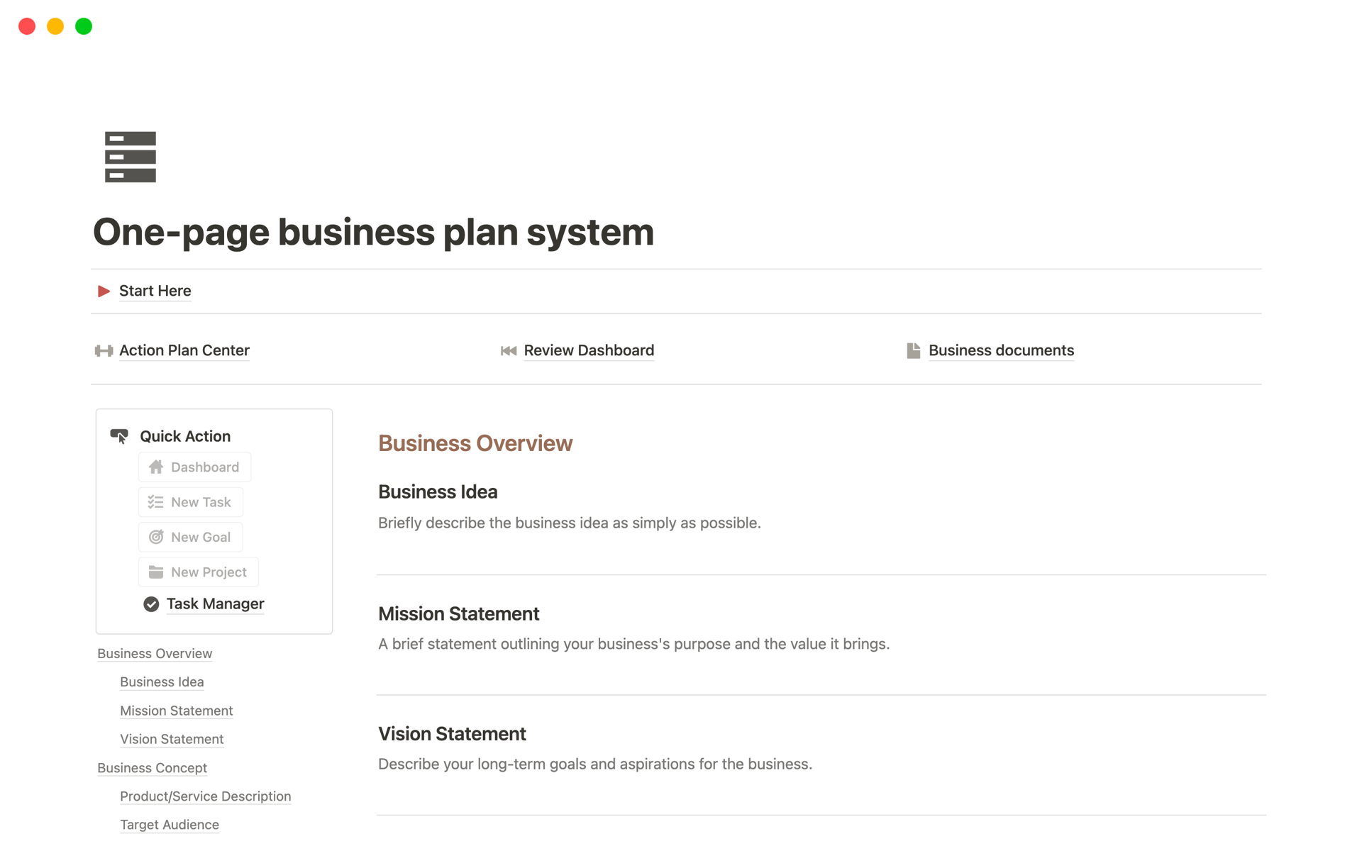 A template preview for One-page business plan system