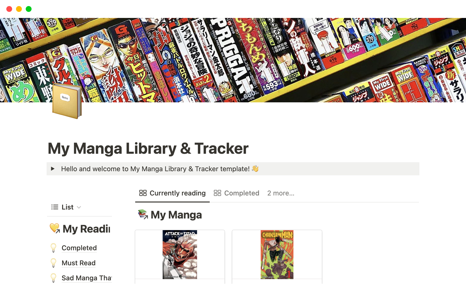 My Manga Library & Trackerのテンプレートのプレビュー