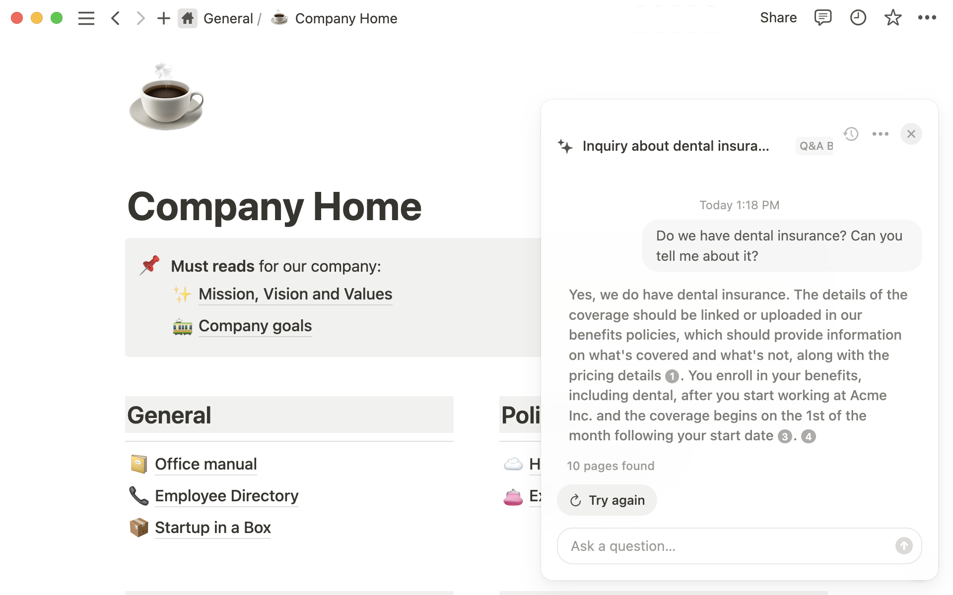 Employees can ask a question in plain language and find any page where the information is mentioned.