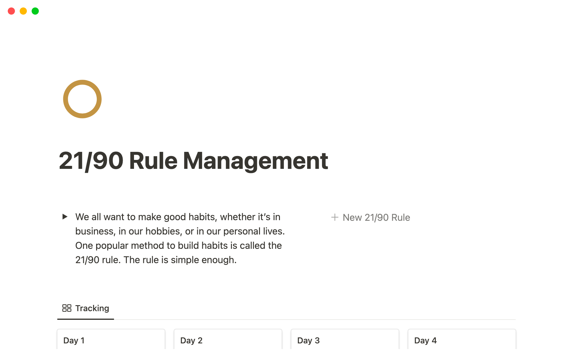 A template preview for 21/90 Rule Management