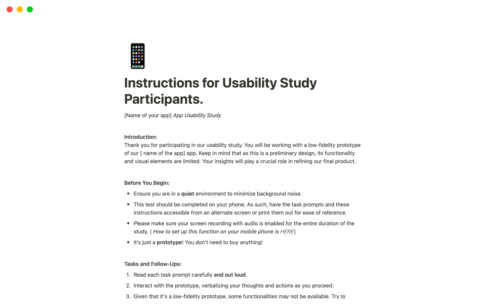 A template preview for App Usability Study Guide