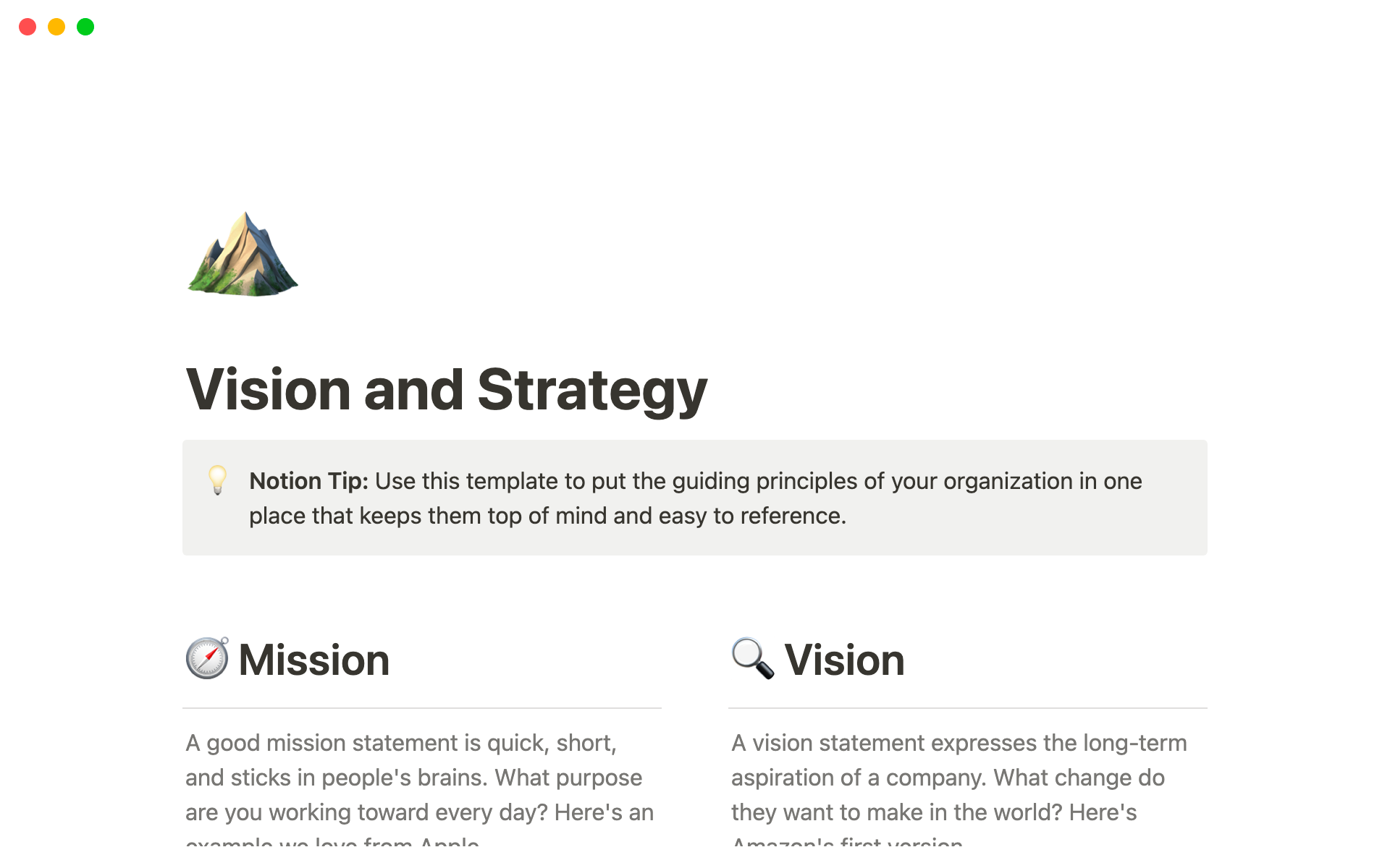 A template preview for Vision and Strategy