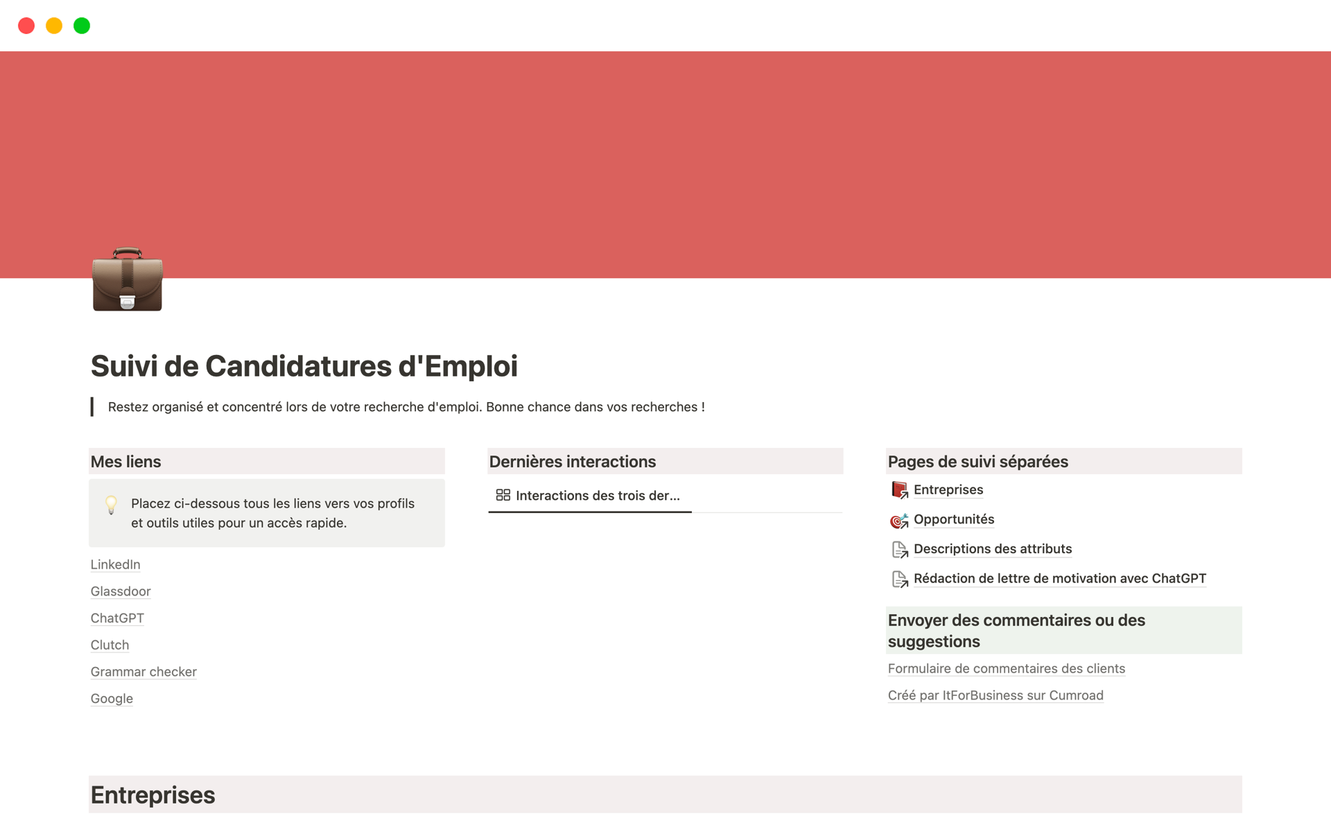 Suivi de Candidatures d'Emploi Notion Template