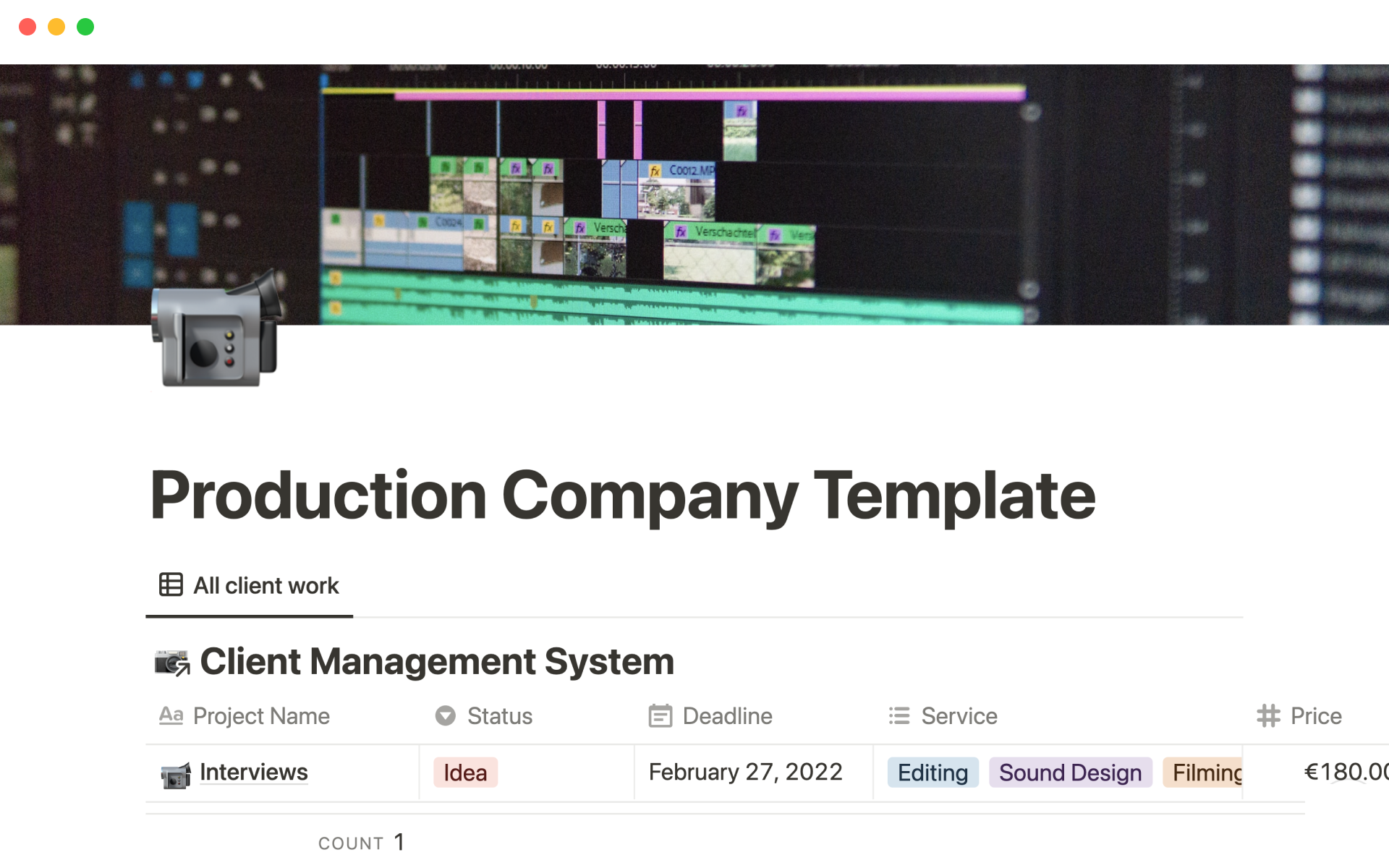 A template preview for Production company management