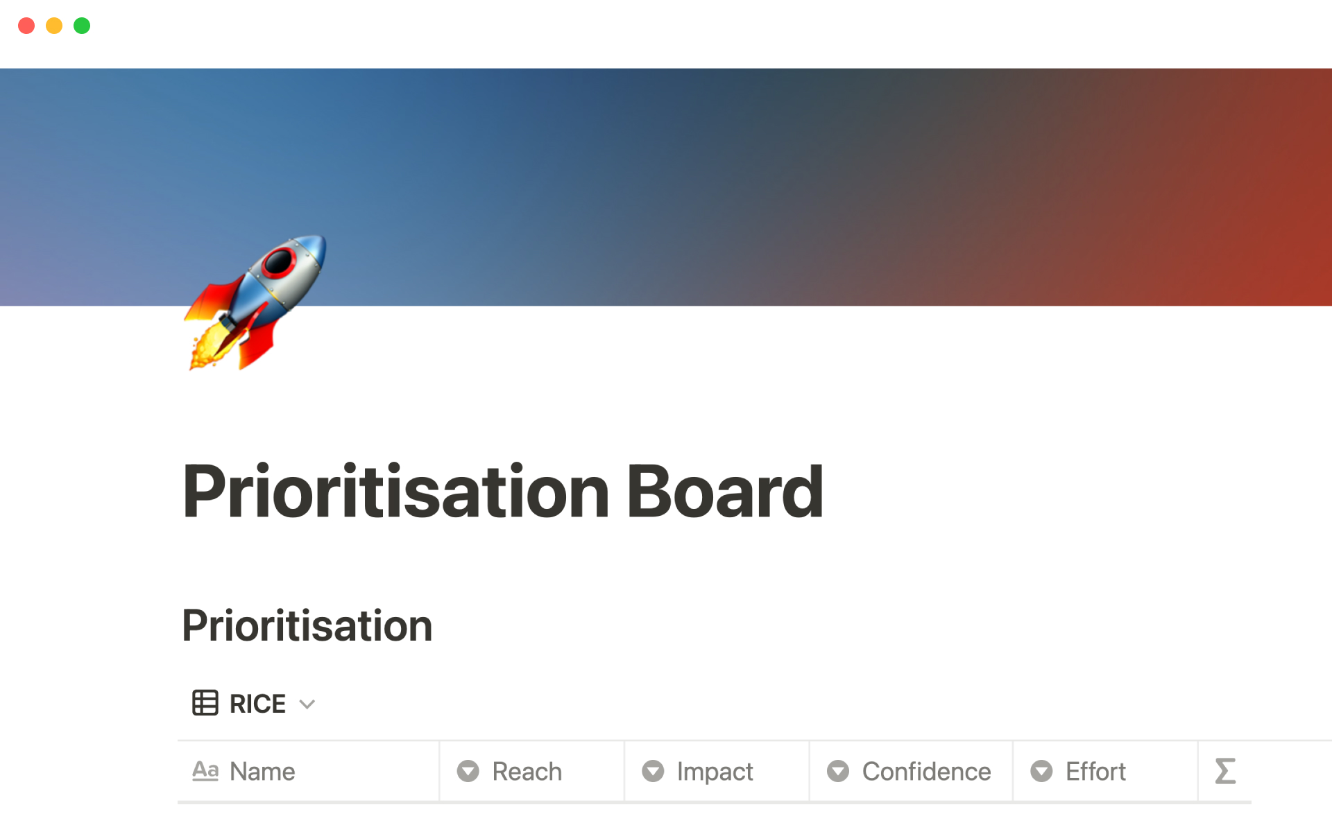 A template preview for Prioritization board