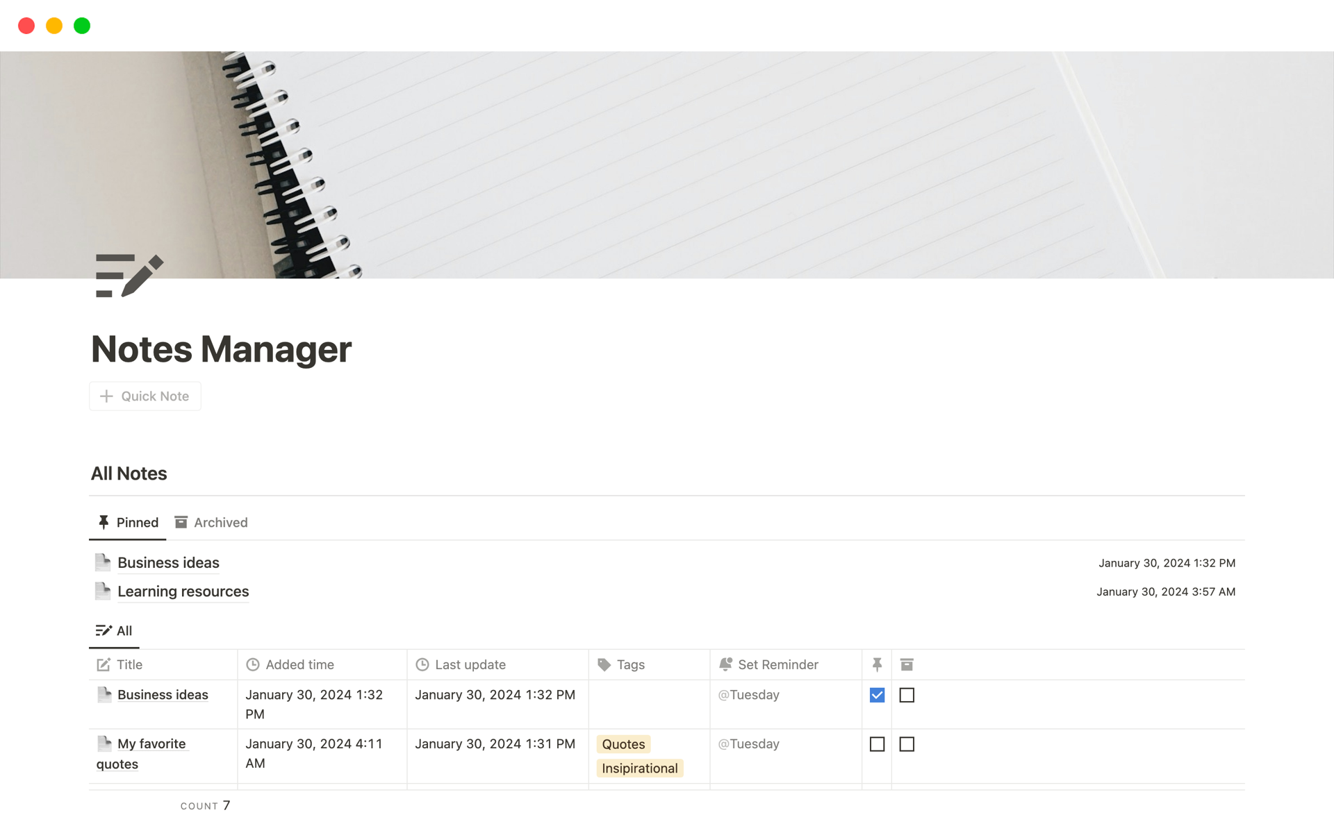 Vista previa de una plantilla para Notes Manager
