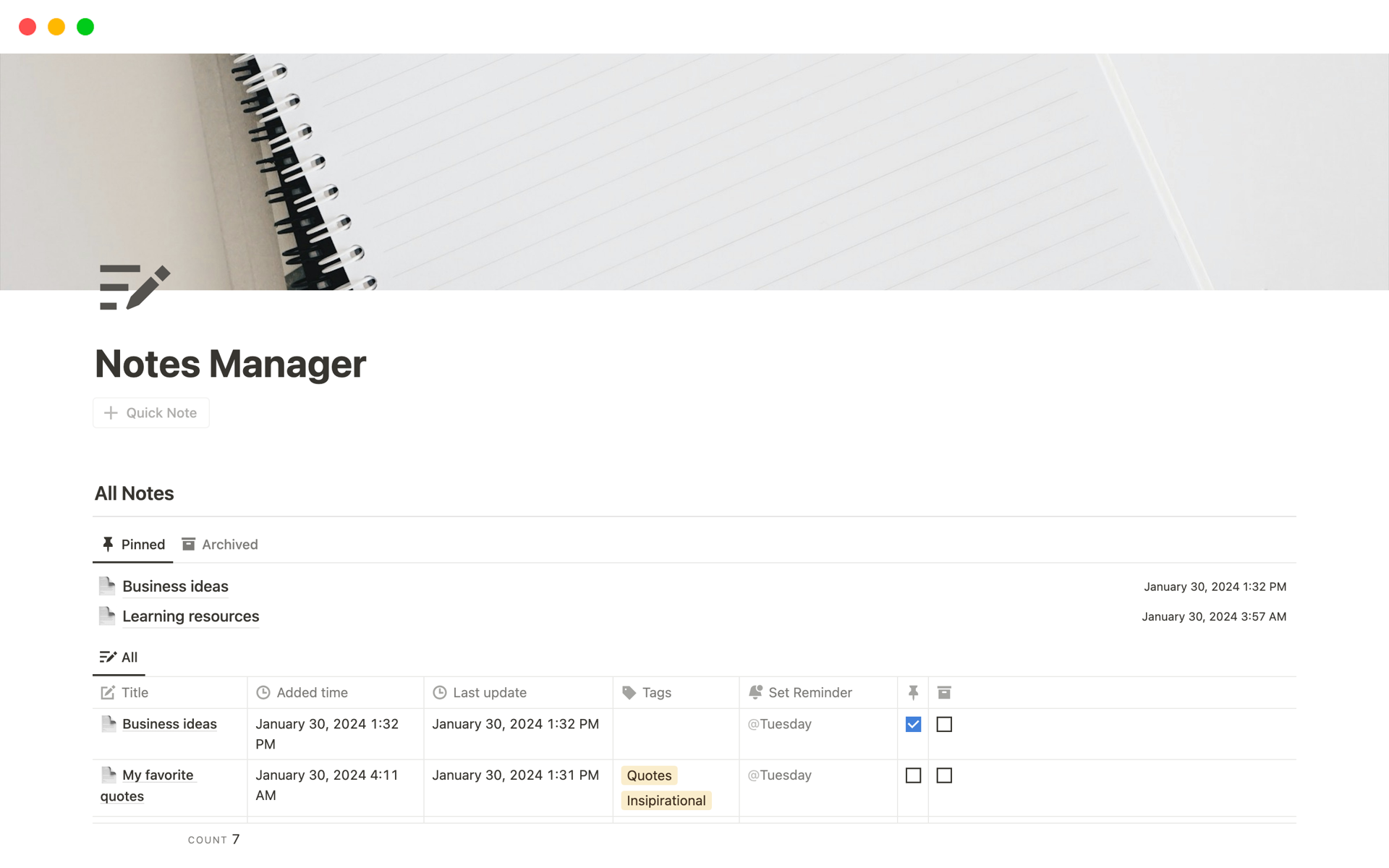 A template preview for Notes Manager